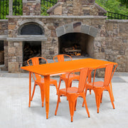 Darcy Commercial Grade 31.5" x 63" Rectangular Orange Metal Indoor-Outdoor Table Set with 4 Stack Chairs