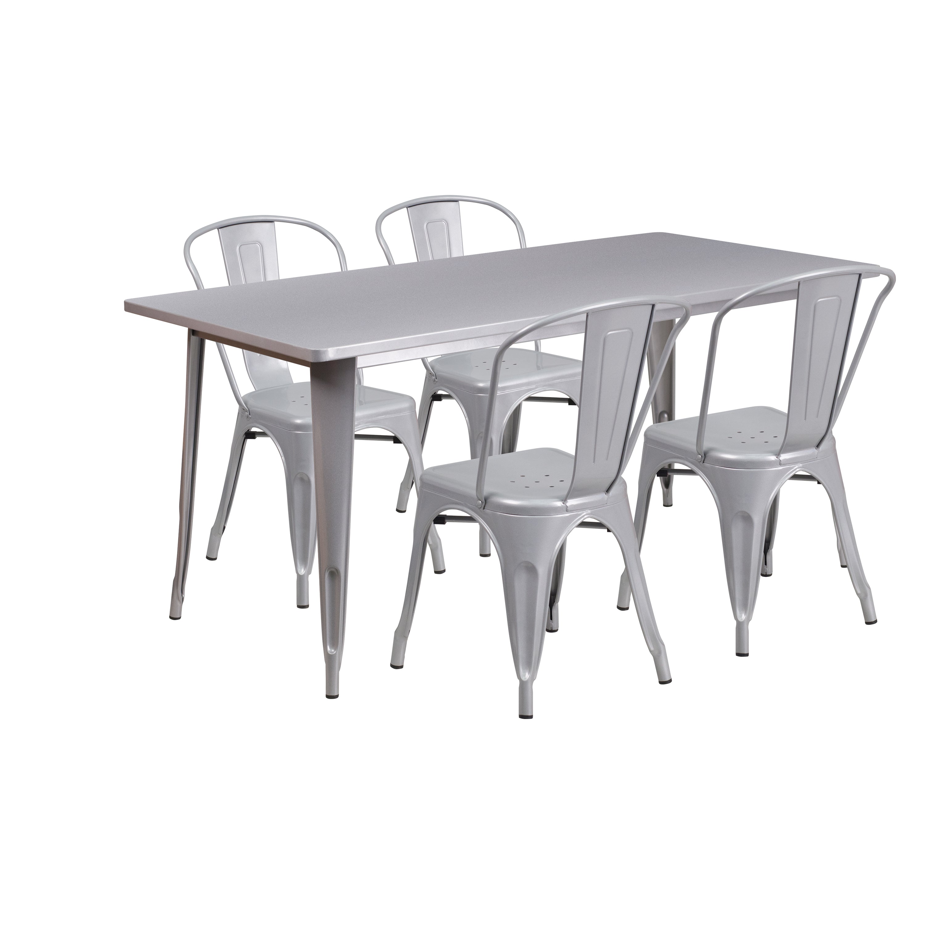 Darcy Commercial Grade 31.5" x 63" Rectangular Silver Metal Indoor-Outdoor Table Set with 4 Stack Chairs