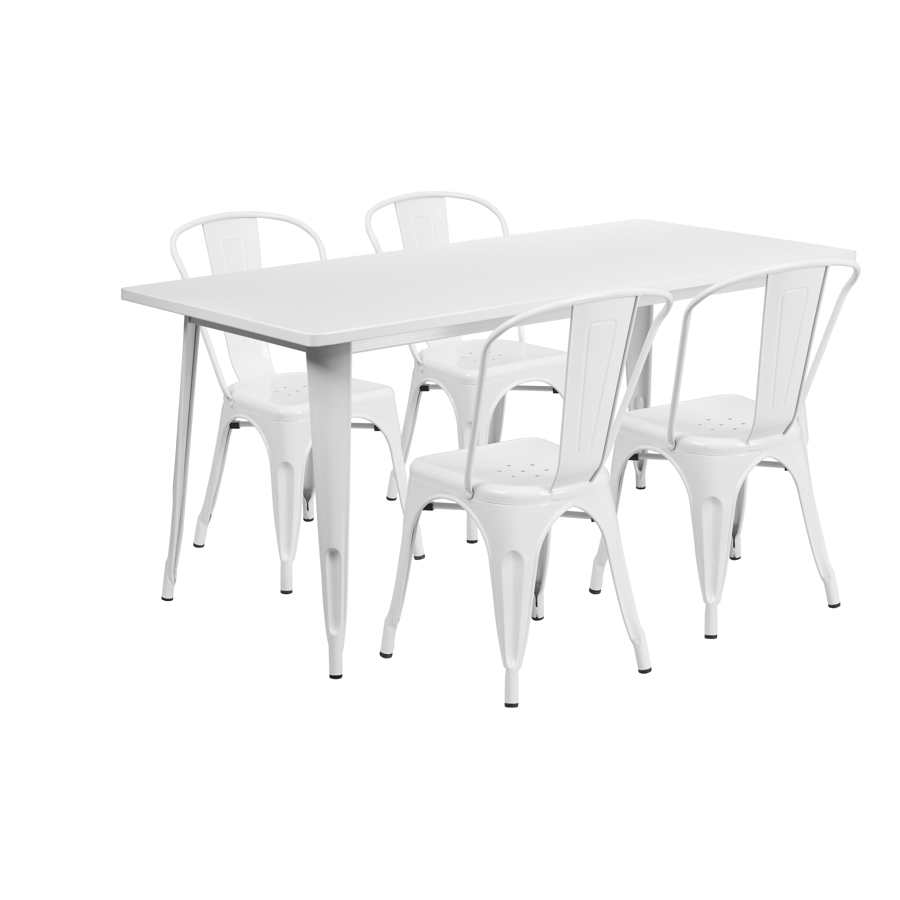 Darcy Commercial Grade 31.5" x 63" Rectangular White Metal Indoor-Outdoor Table Set with 4 Stack Chairs