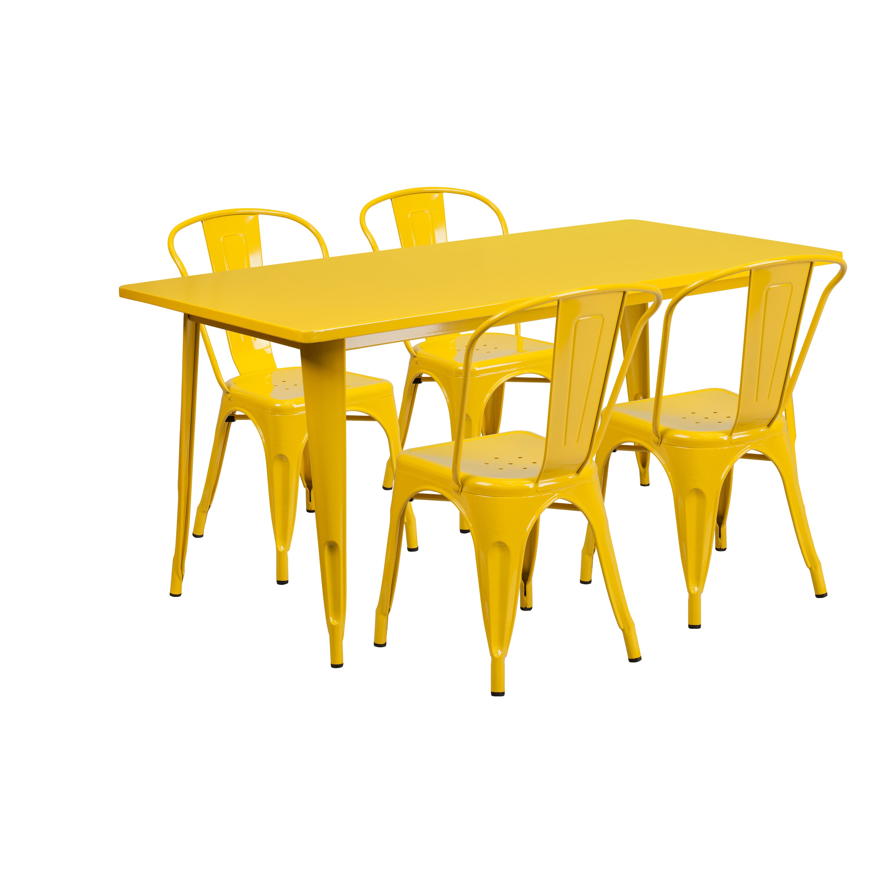 Darcy Commercial Grade 31.5" x 63" Rectangular Yellow Metal Indoor-Outdoor Table Set with 4 Stack Chairs