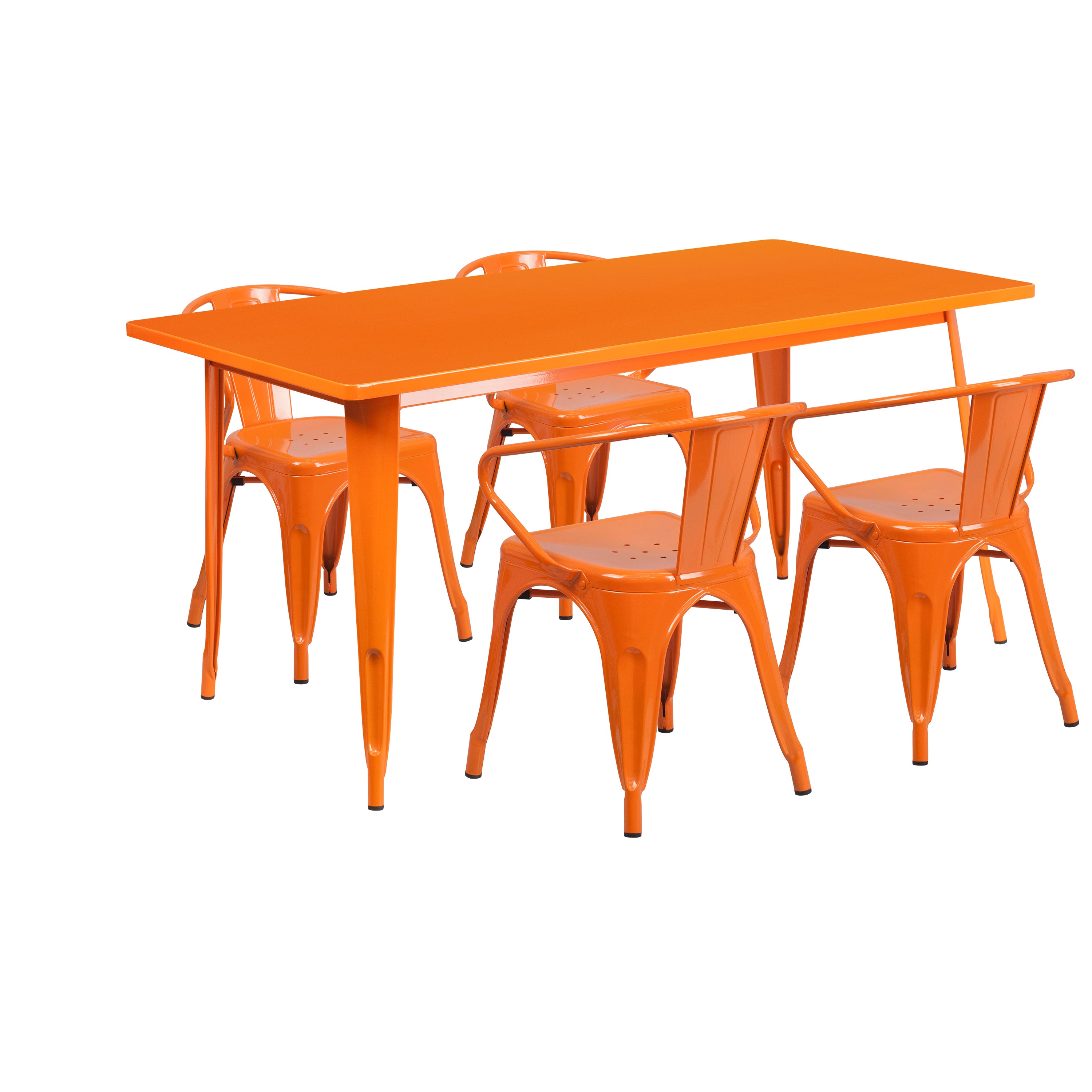Fisher Commercial Grade 31.5" x 63" Rectangular Orange Metal Indoor-Outdoor Table Set with 4 Arm Chairs