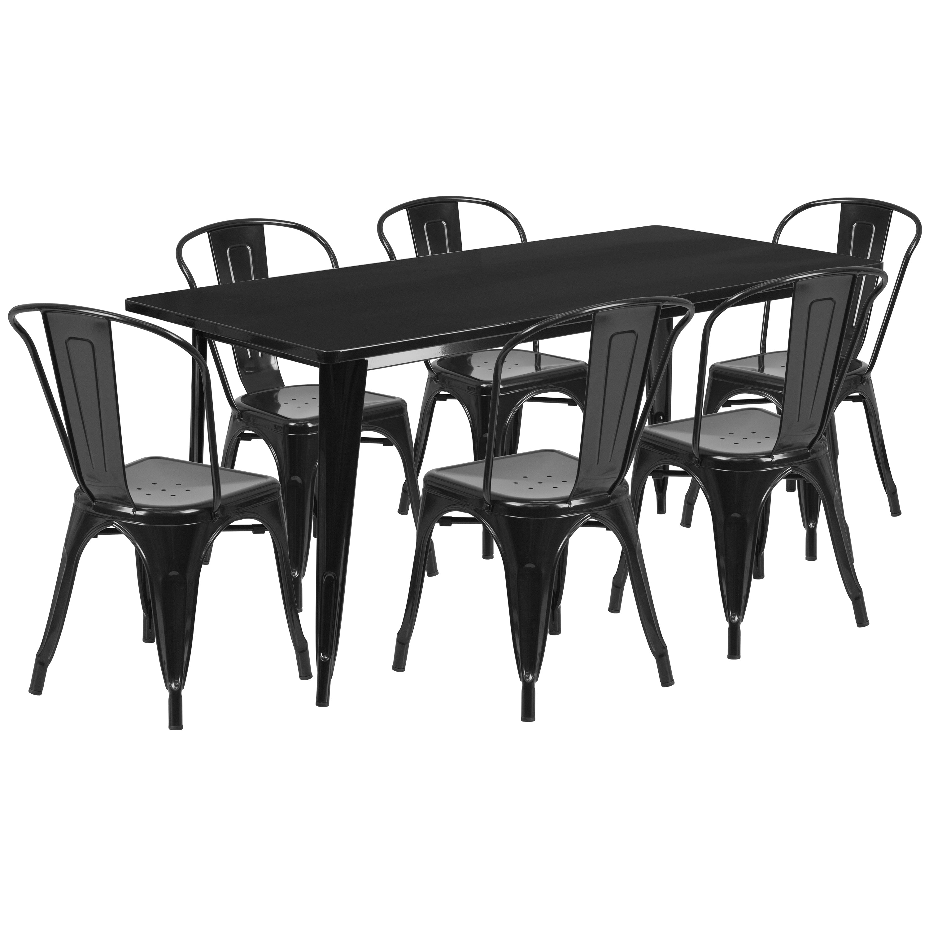 Gilbert Commercial Grade 31.5" x 63" Rectangular Black Metal Indoor-Outdoor Table Set with 6 Stack Chairs