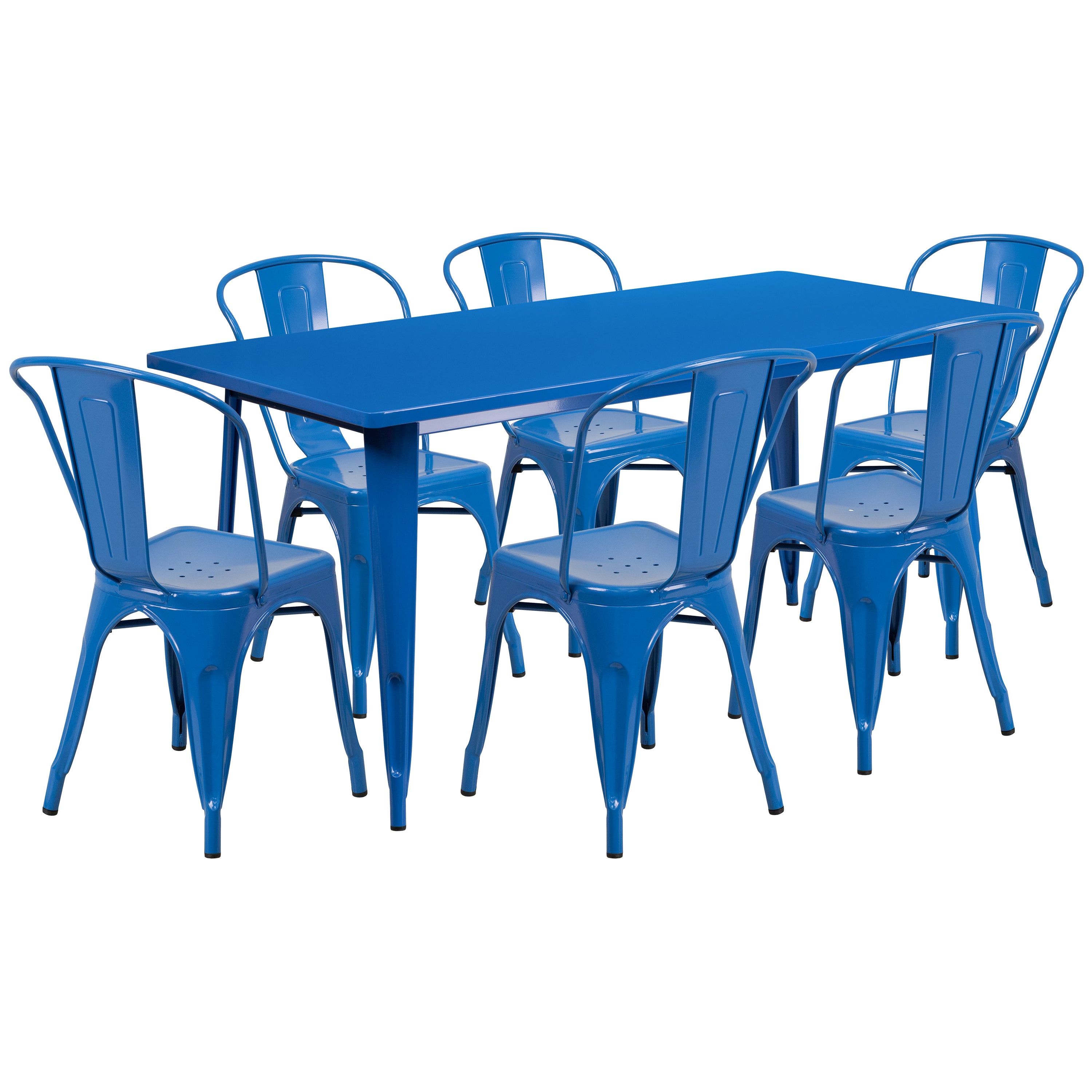 Gilbert Commercial Grade 31.5" x 63" Rectangular Blue Metal Indoor-Outdoor Table Set with 6 Stack Chairs