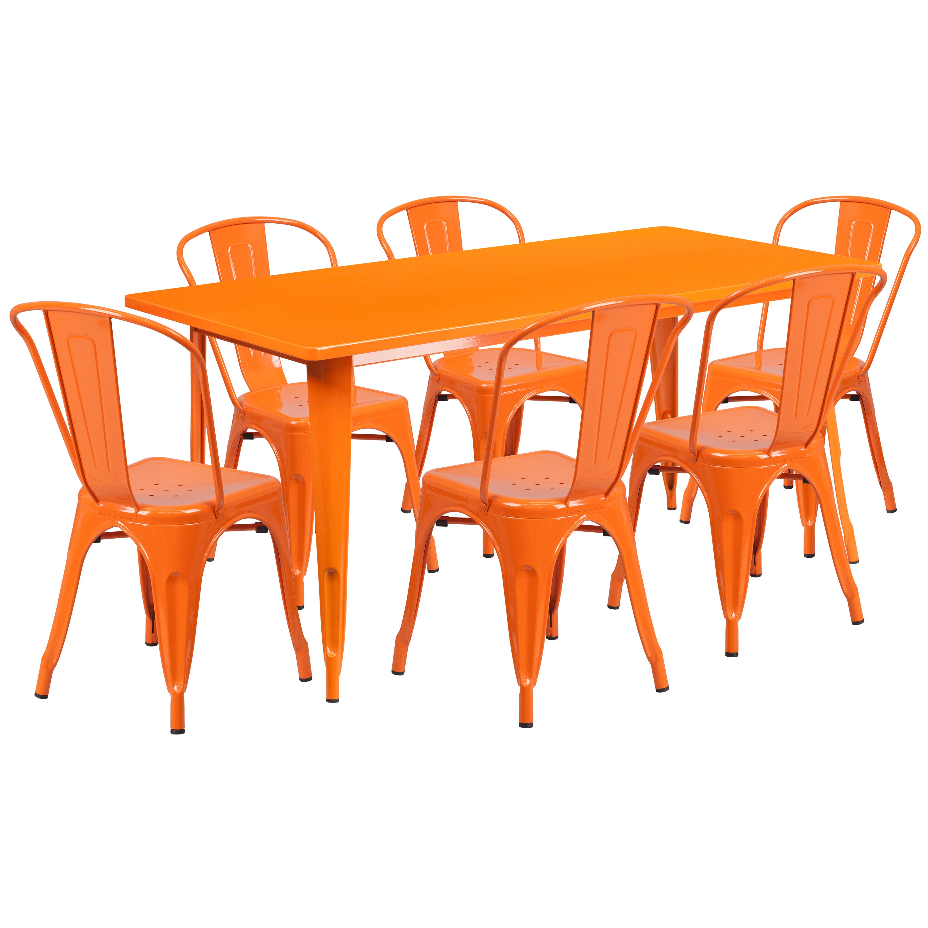 Gilbert Commercial Grade 31.5" x 63" Rectangular Orange Metal Indoor-Outdoor Table Set with 6 Stack Chairs