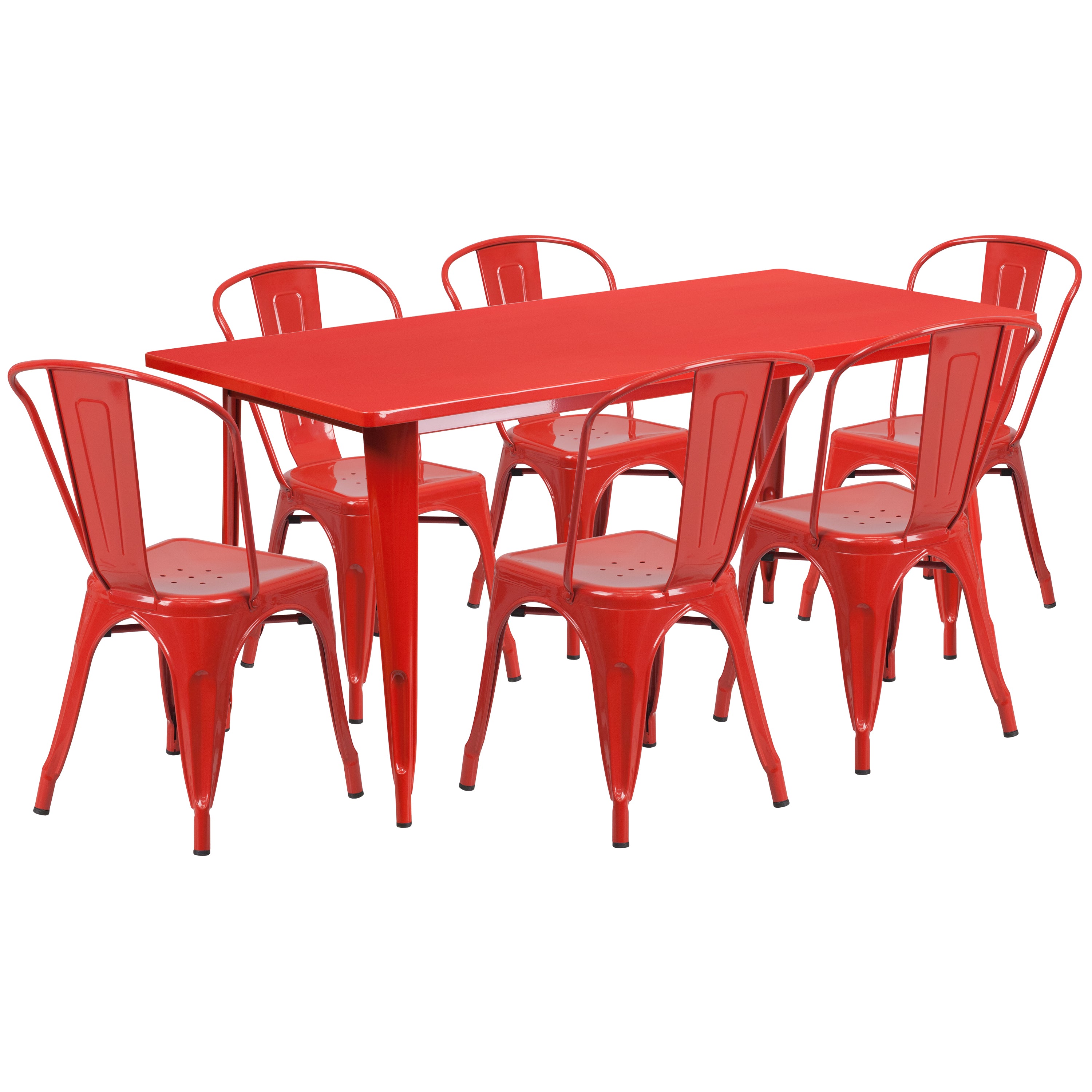 Gilbert Commercial Grade 31.5" x 63" Rectangular Red Metal Indoor-Outdoor Table Set with 6 Stack Chairs