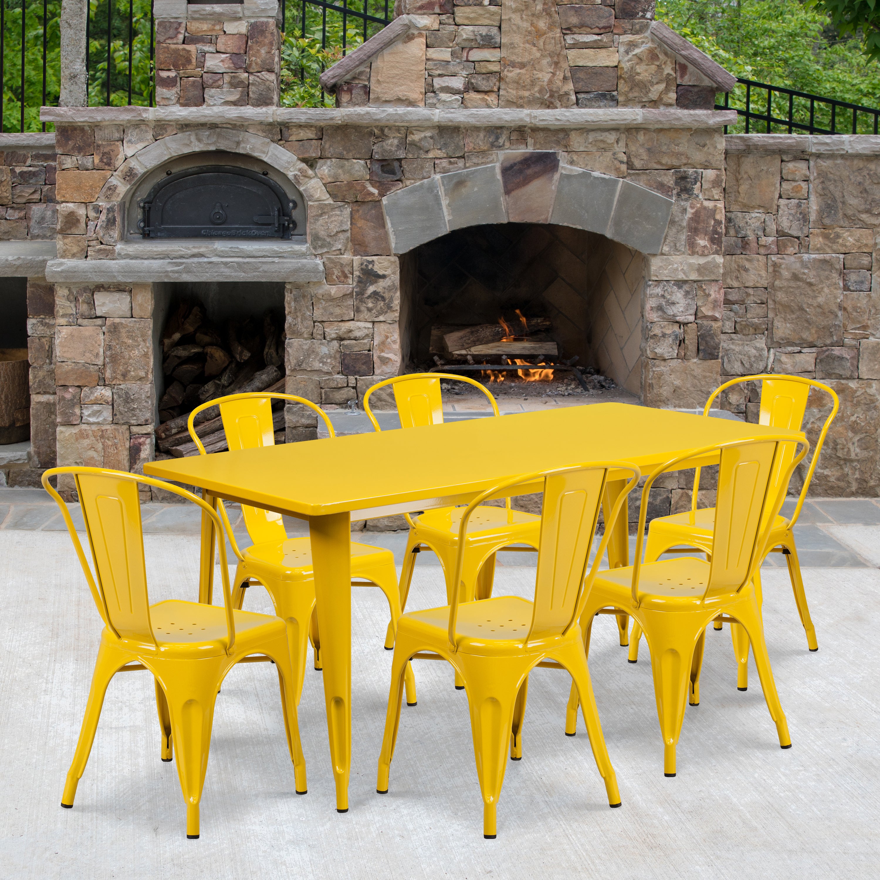 Gilbert Commercial Grade 31.5" x 63" Rectangular Yellow Metal Indoor-Outdoor Table Set with 6 Stack Chairs