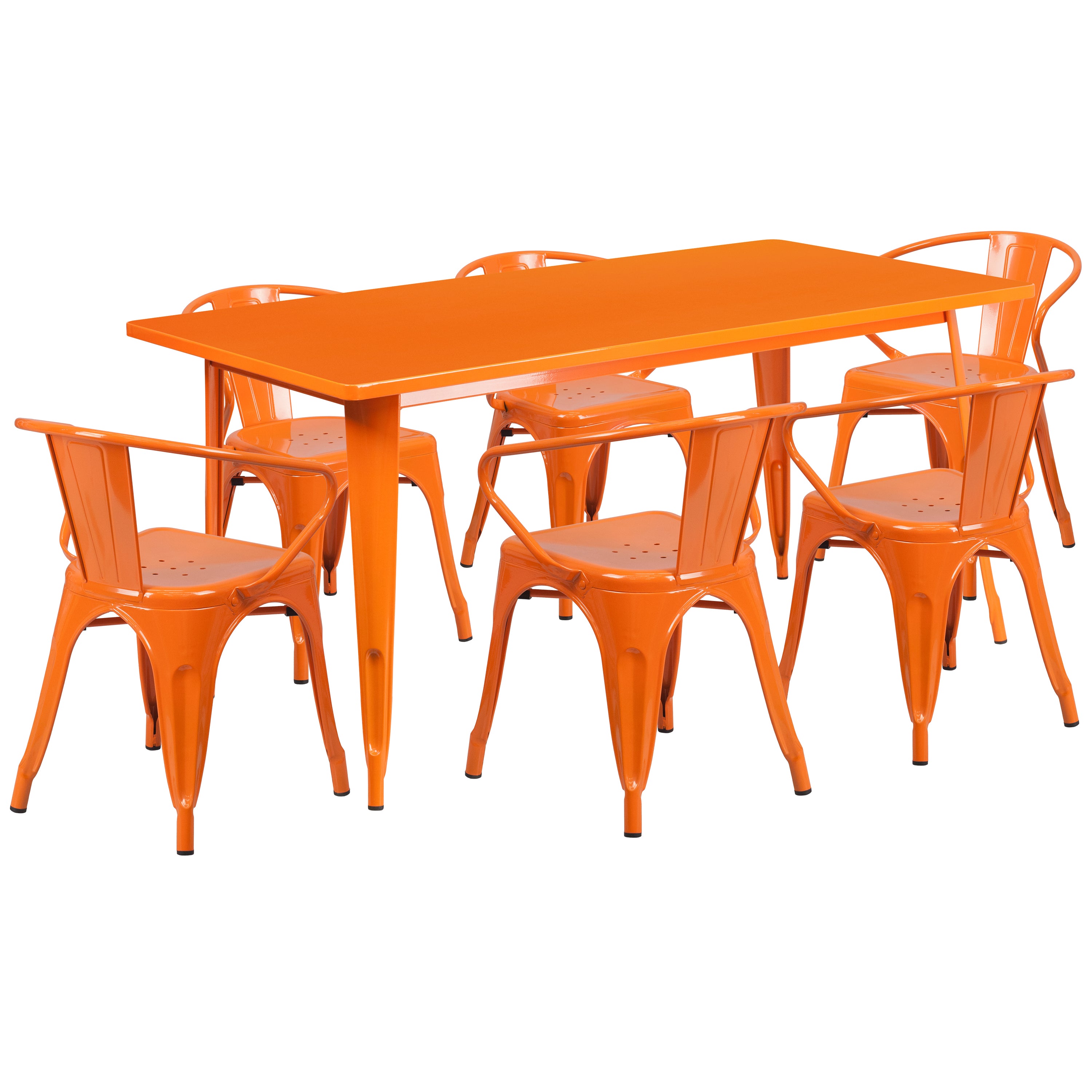 Oakley Commercial Grade 31.5" x 63" Rectangular Orange Metal Indoor-Outdoor Table Set with 6 Arm Chairs