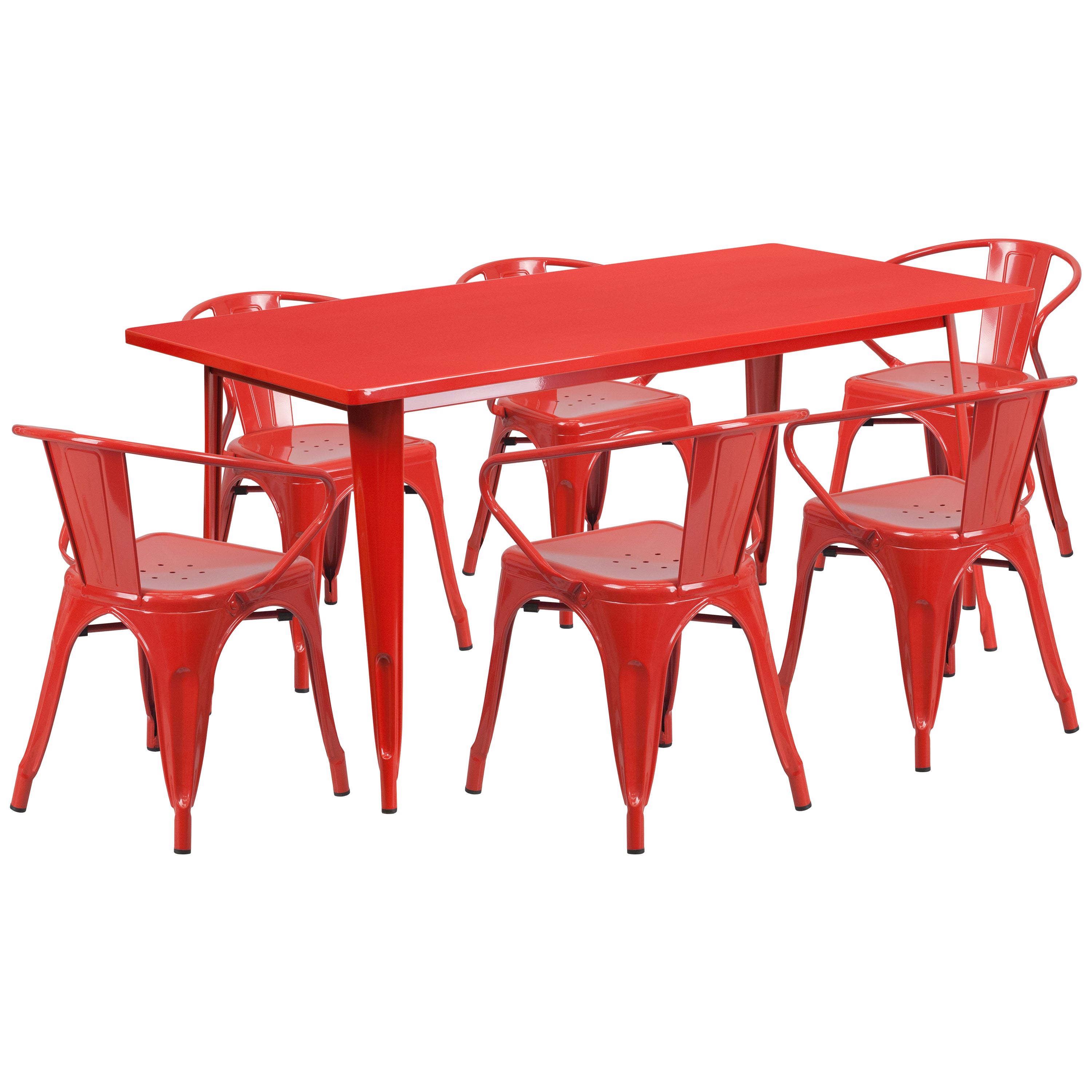 Oakley Commercial Grade 31.5" x 63" Rectangular Red Metal Indoor-Outdoor Table Set with 6 Arm Chairs