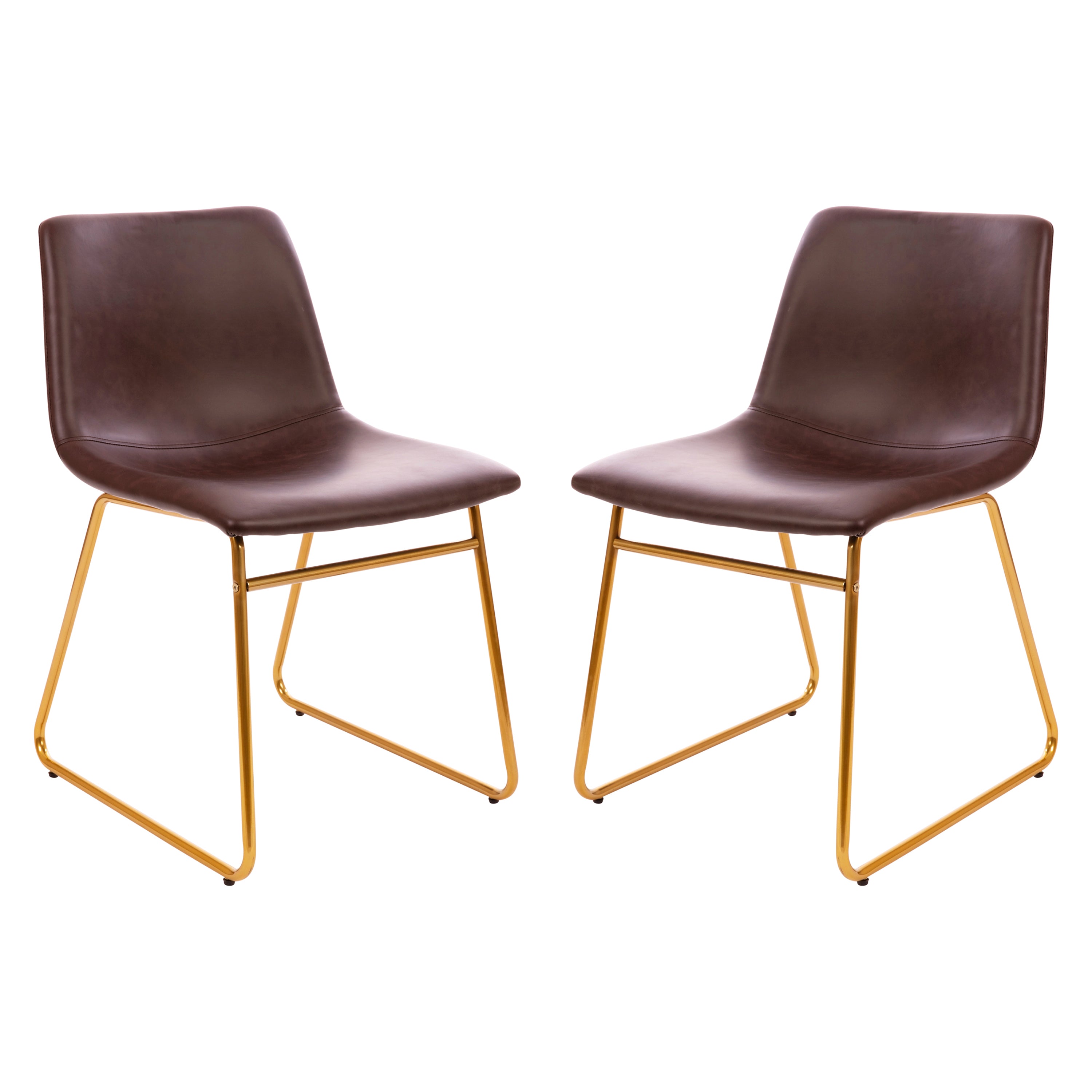 Butler 18 inch Dining Table Height Chair, Mid-Back Sled Base Dining Chair in Dark Brown LeatherSoft with Gold Frame, Set of 2