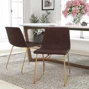 Butler 18 inch Dining Table Height Chair, Mid-Back Sled Base Dining Chair in Dark Brown LeatherSoft with Gold Frame, Set of 2