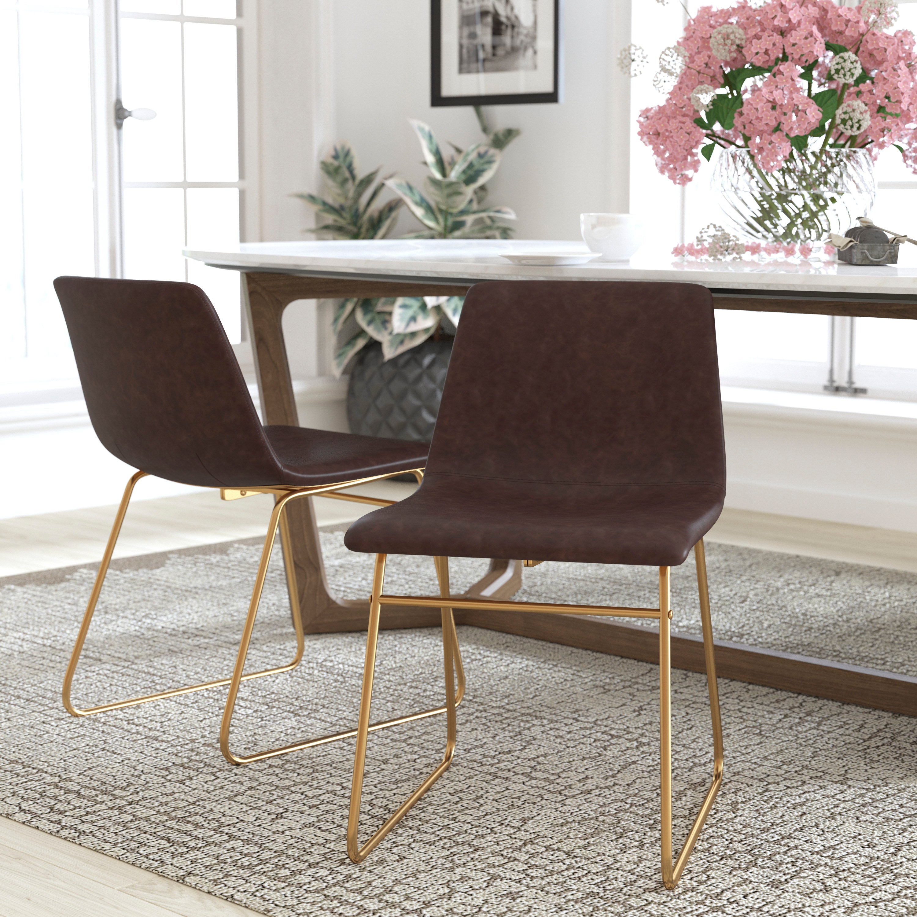Butler 18 inch Dining Table Height Chair, Mid-Back Sled Base Dining Chair in Dark Brown LeatherSoft with Gold Frame, Set of 2