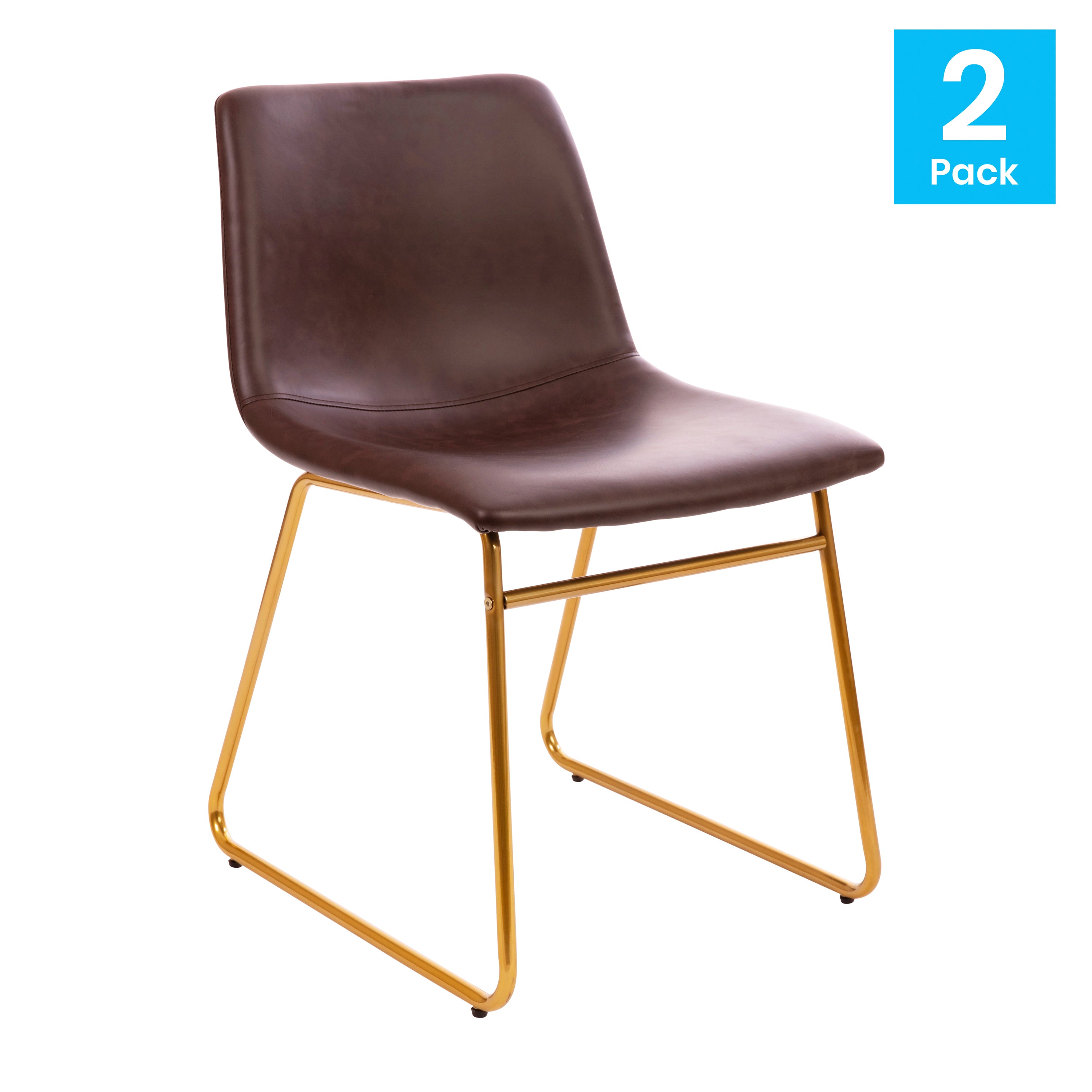 Butler 18 inch Dining Table Height Chair, Mid-Back Sled Base Dining Chair in Dark Brown LeatherSoft with Gold Frame, Set of 2