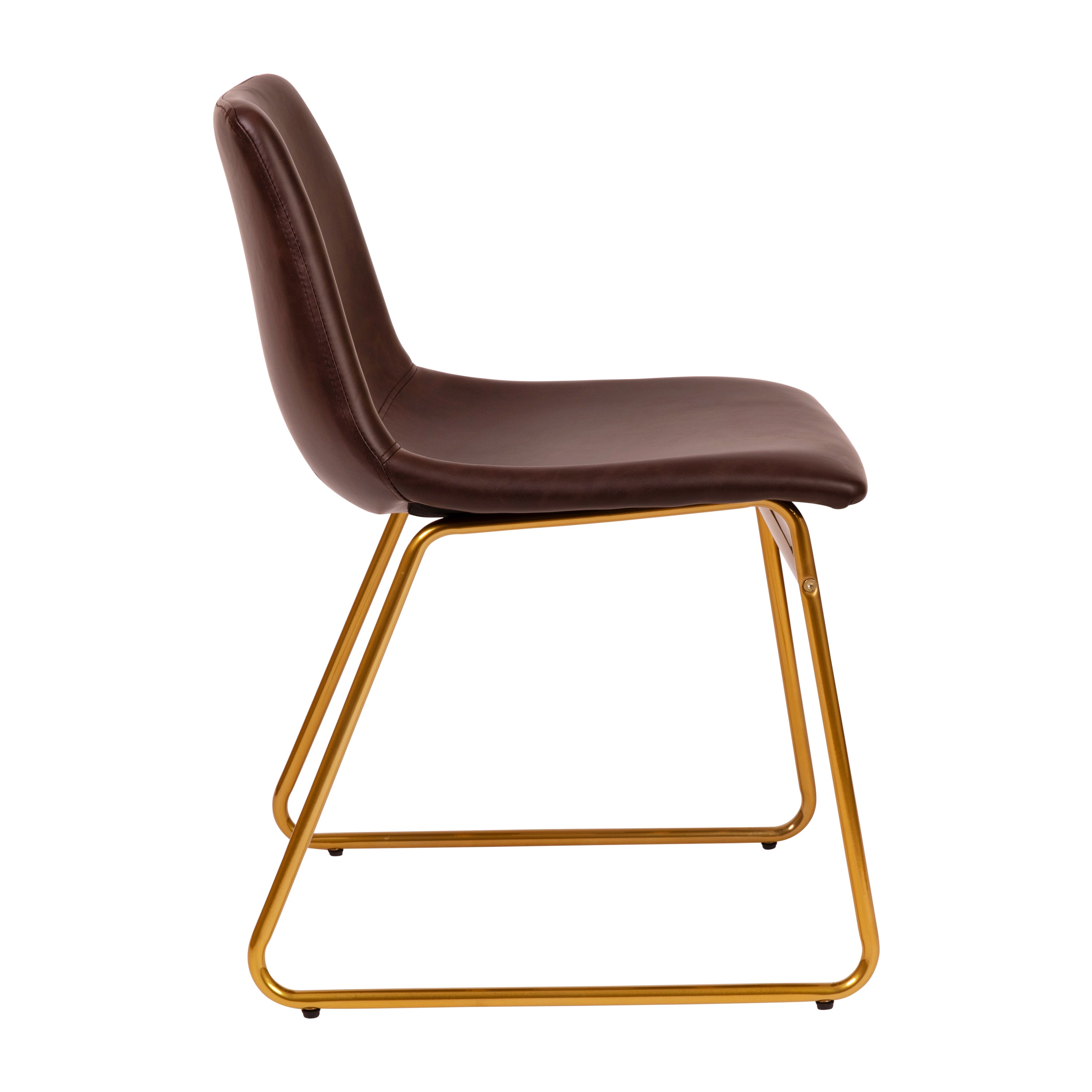 Butler 18 inch Dining Table Height Chair, Mid-Back Sled Base Dining Chair in Dark Brown LeatherSoft with Gold Frame, Set of 2