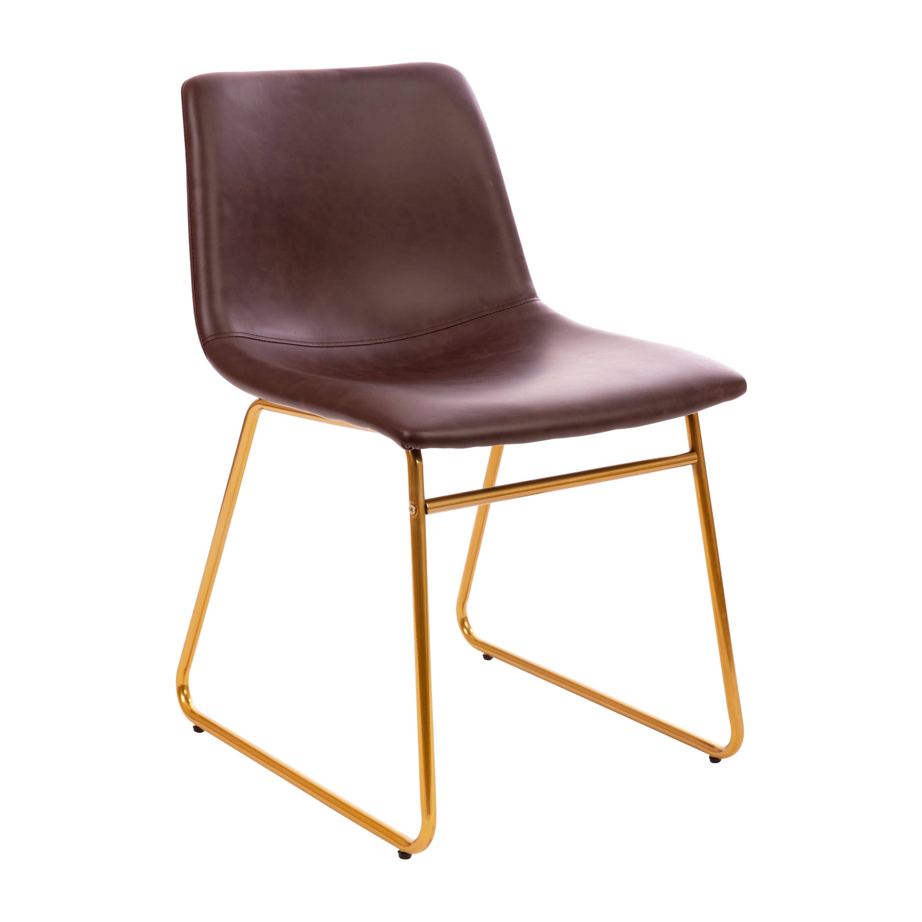 Butler 18 inch Dining Table Height Chair, Mid-Back Sled Base Dining Chair in Dark Brown LeatherSoft with Gold Frame, Set of 2