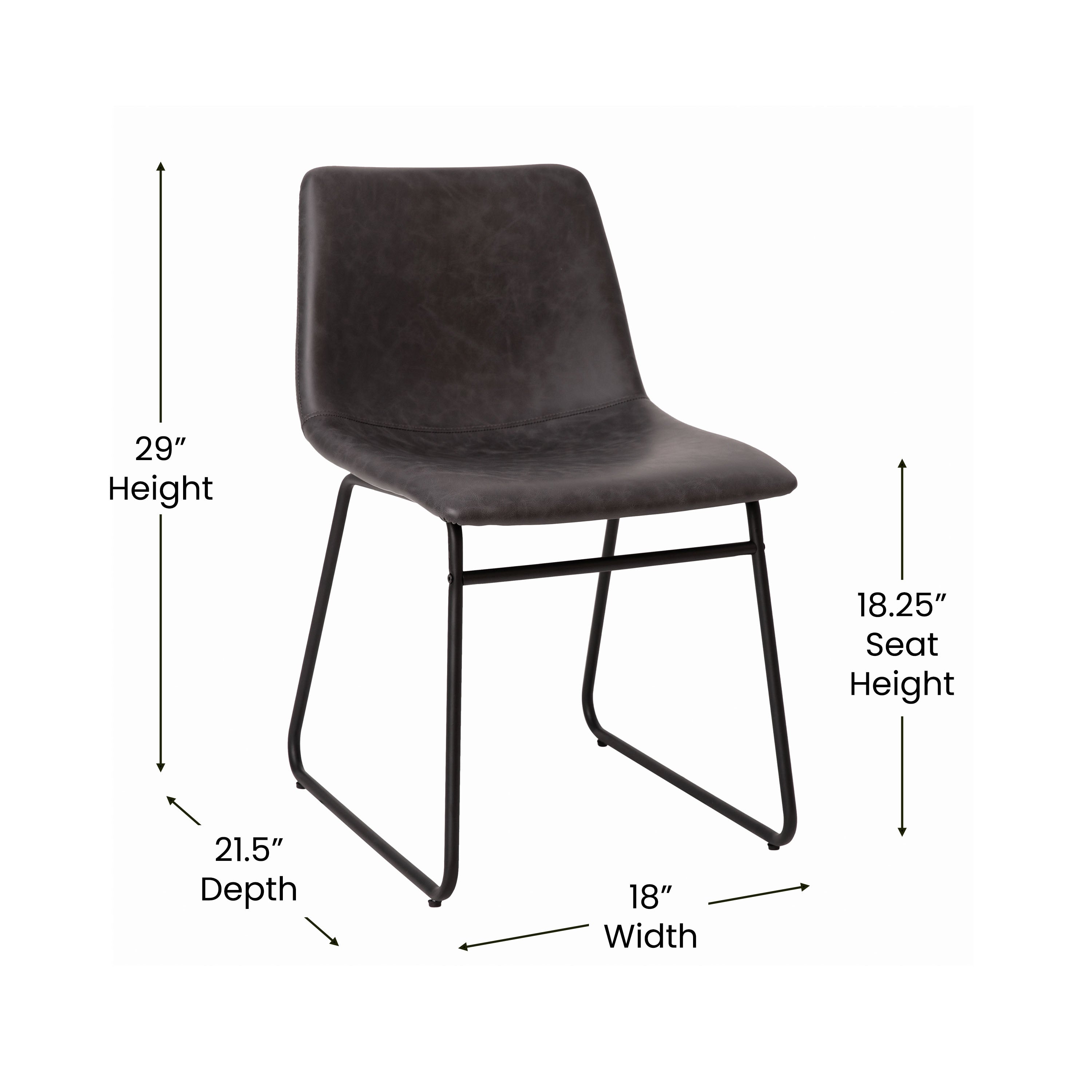 Butler 18 inch Dining Table Height Chair, Mid-Back Sled Base Dining Chair in Dark Gray LeatherSoft with Black Frame, Set of 2