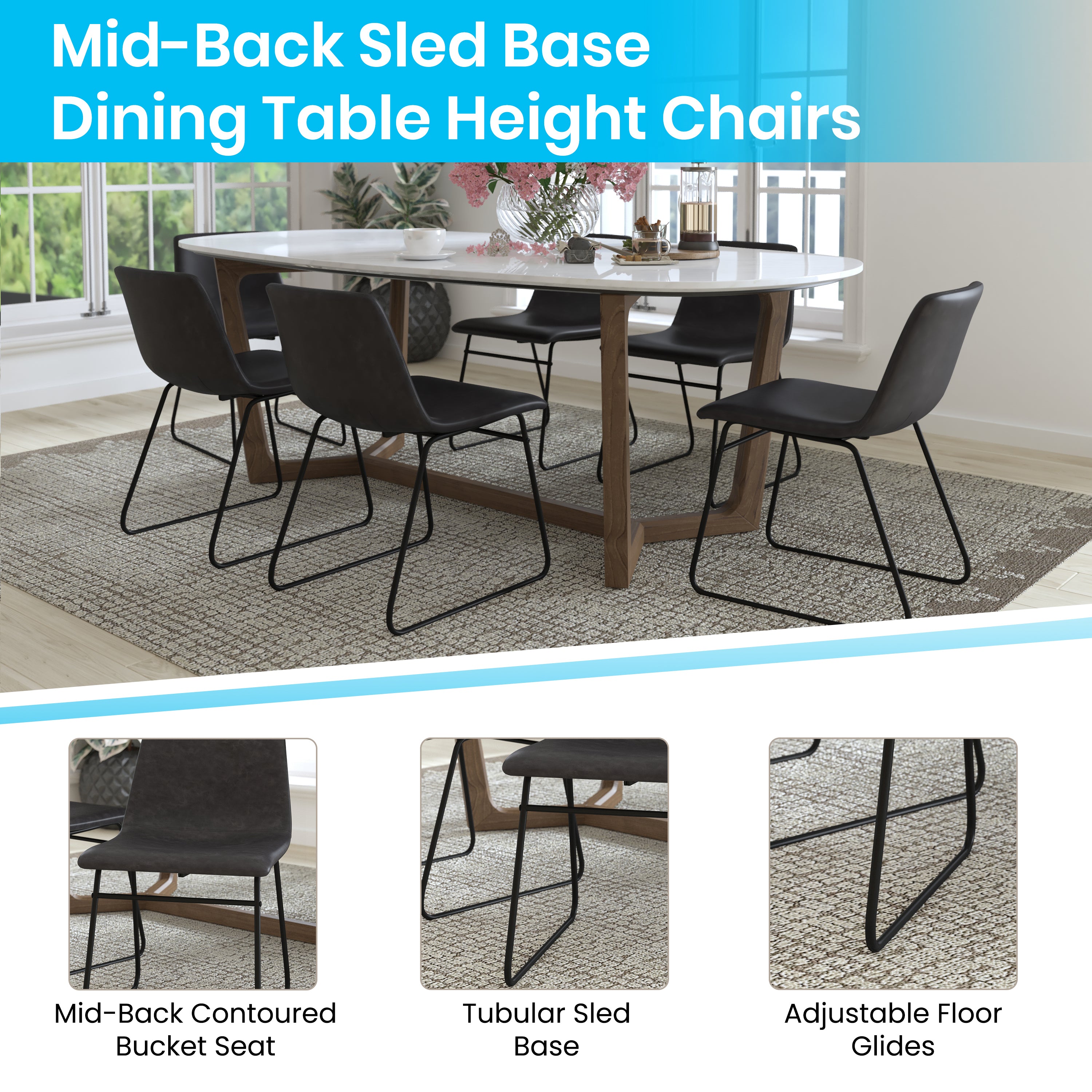 Butler 18 inch Dining Table Height Chair, Mid-Back Sled Base Dining Chair in Dark Gray LeatherSoft with Black Frame, Set of 2