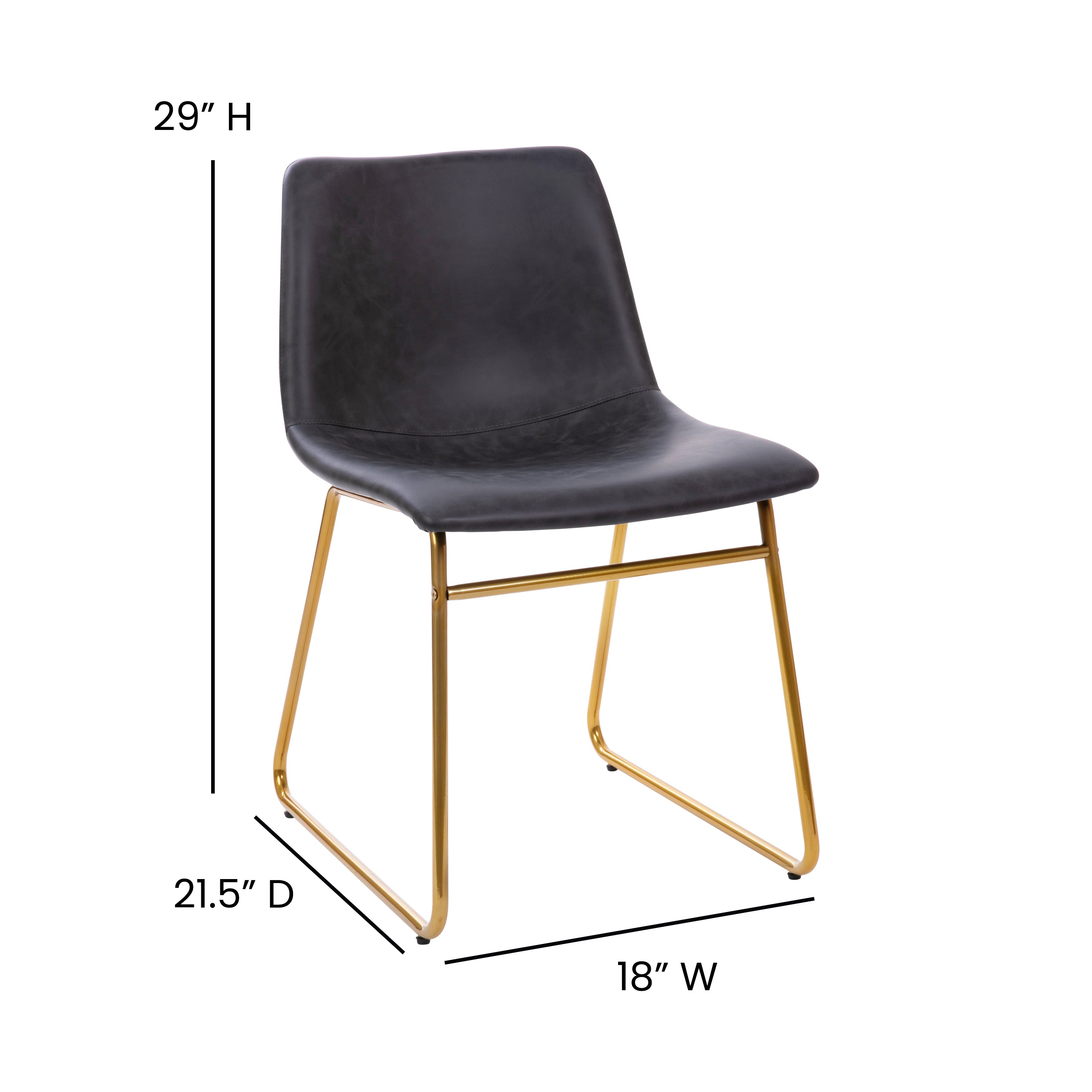 Butler 18 inch Dining Table Height Chair, Mid-Back Sled Base Dining Chair in Dark Gray LeatherSoft with Gold Frame, Set of 2