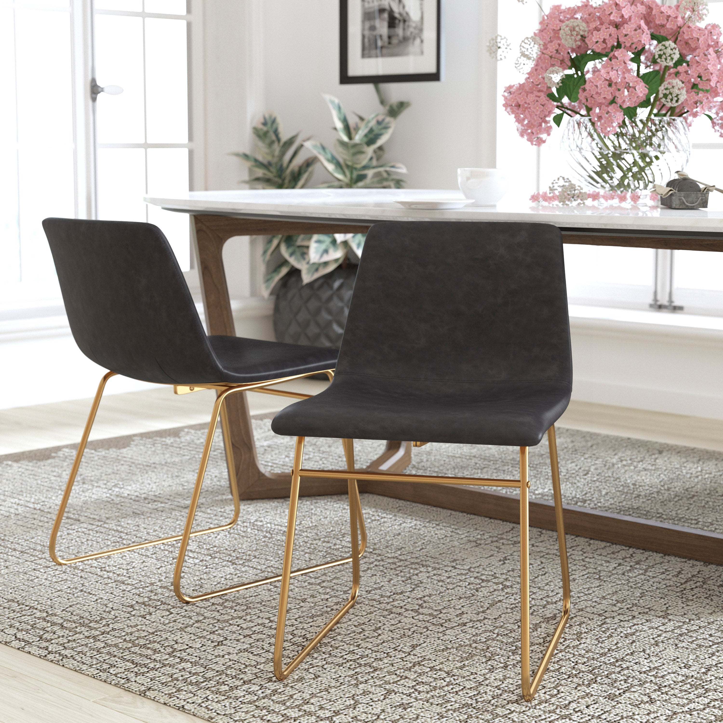 Butler 18 inch Dining Table Height Chair, Mid-Back Sled Base Dining Chair in Dark Gray LeatherSoft with Gold Frame, Set of 2