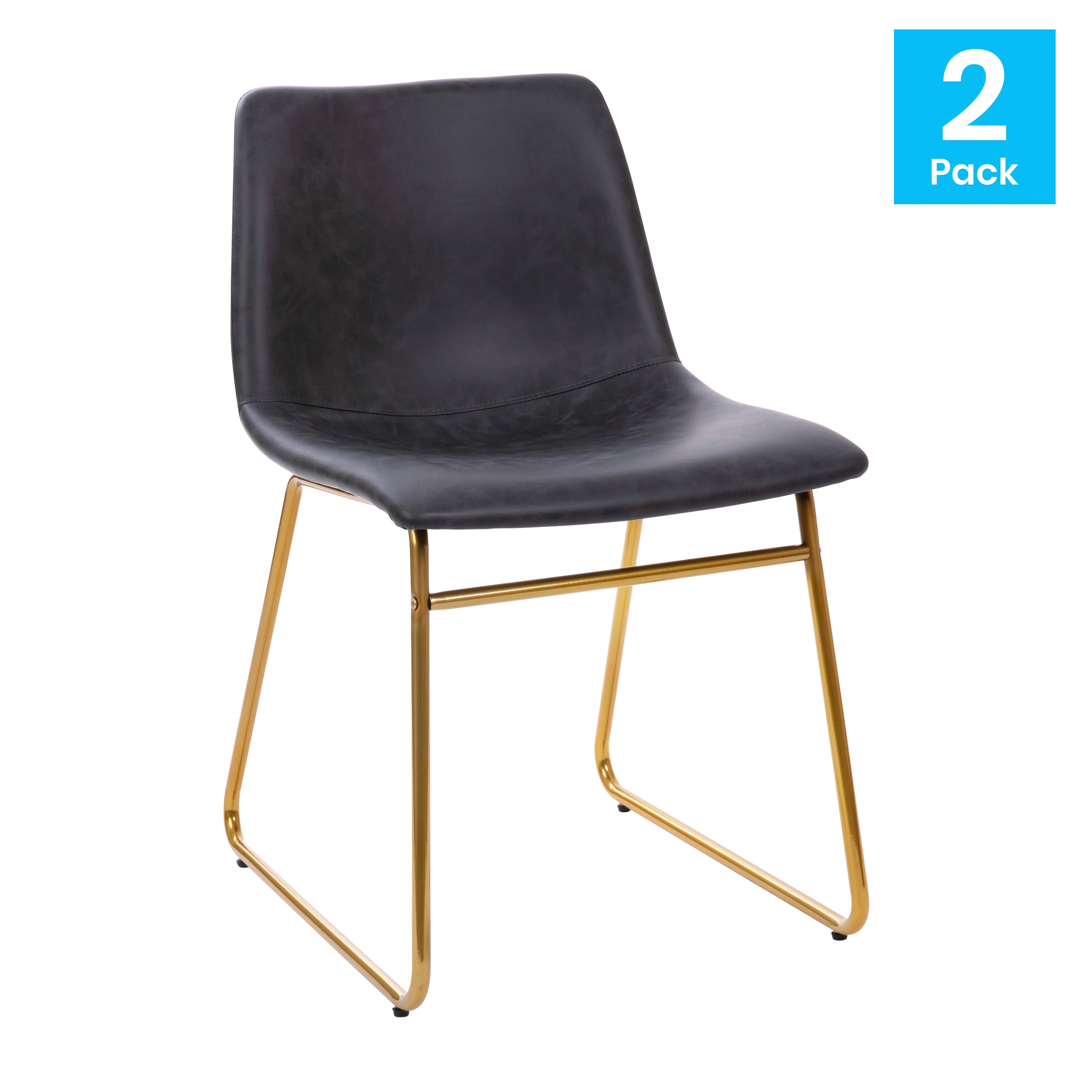 Butler 18 inch Dining Table Height Chair, Mid-Back Sled Base Dining Chair in Dark Gray LeatherSoft with Gold Frame, Set of 2