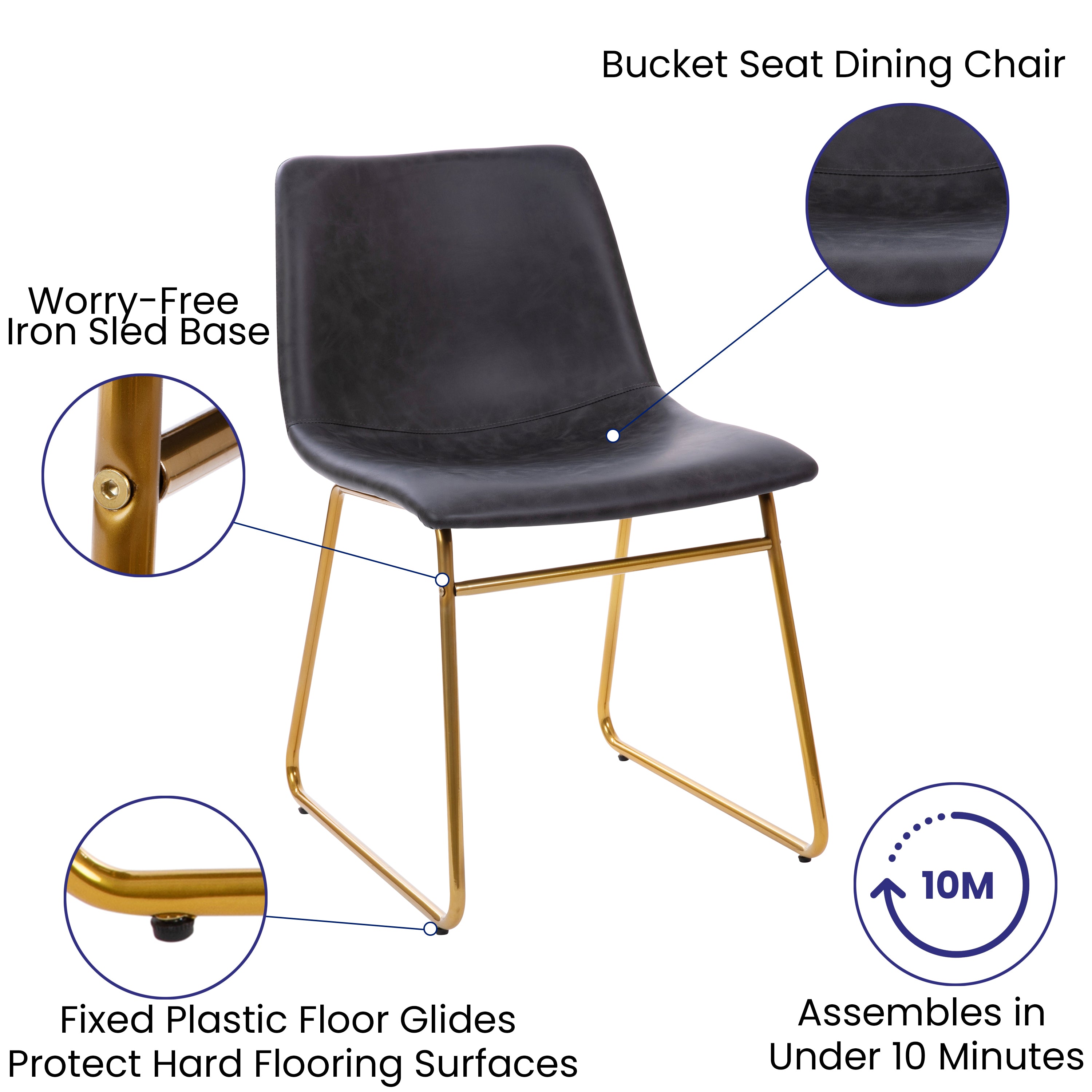 Butler 18 inch Dining Table Height Chair, Mid-Back Sled Base Dining Chair in Dark Gray LeatherSoft with Gold Frame, Set of 2