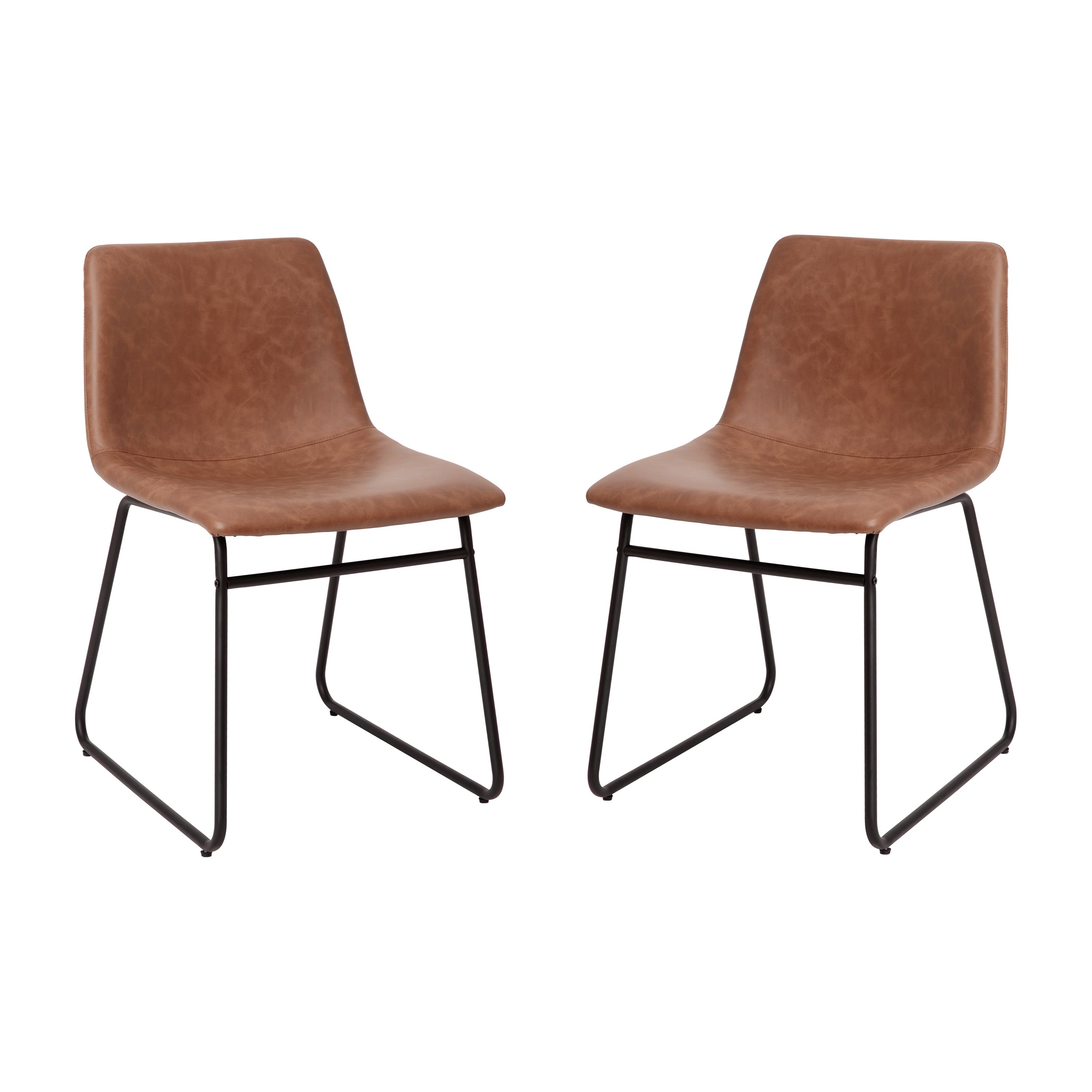 Butler 18 inch Dining Table Height Chair, Mid-Back Sled Base Dining Chair in Light Brown LeatherSoft with Black Frame, Set of 2