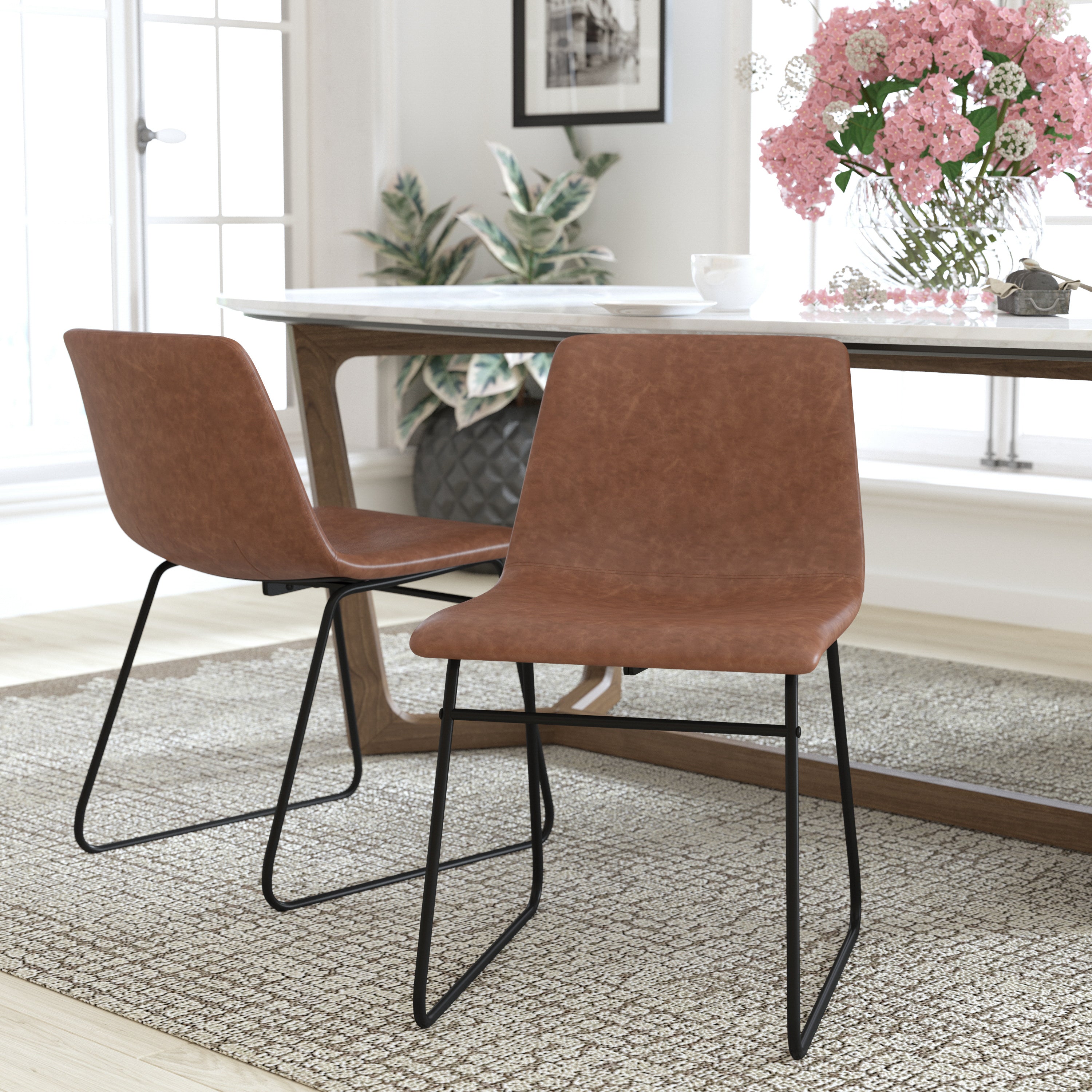 Butler 18 inch Dining Table Height Chair, Mid-Back Sled Base Dining Chair in Light Brown LeatherSoft with Black Frame, Set of 2