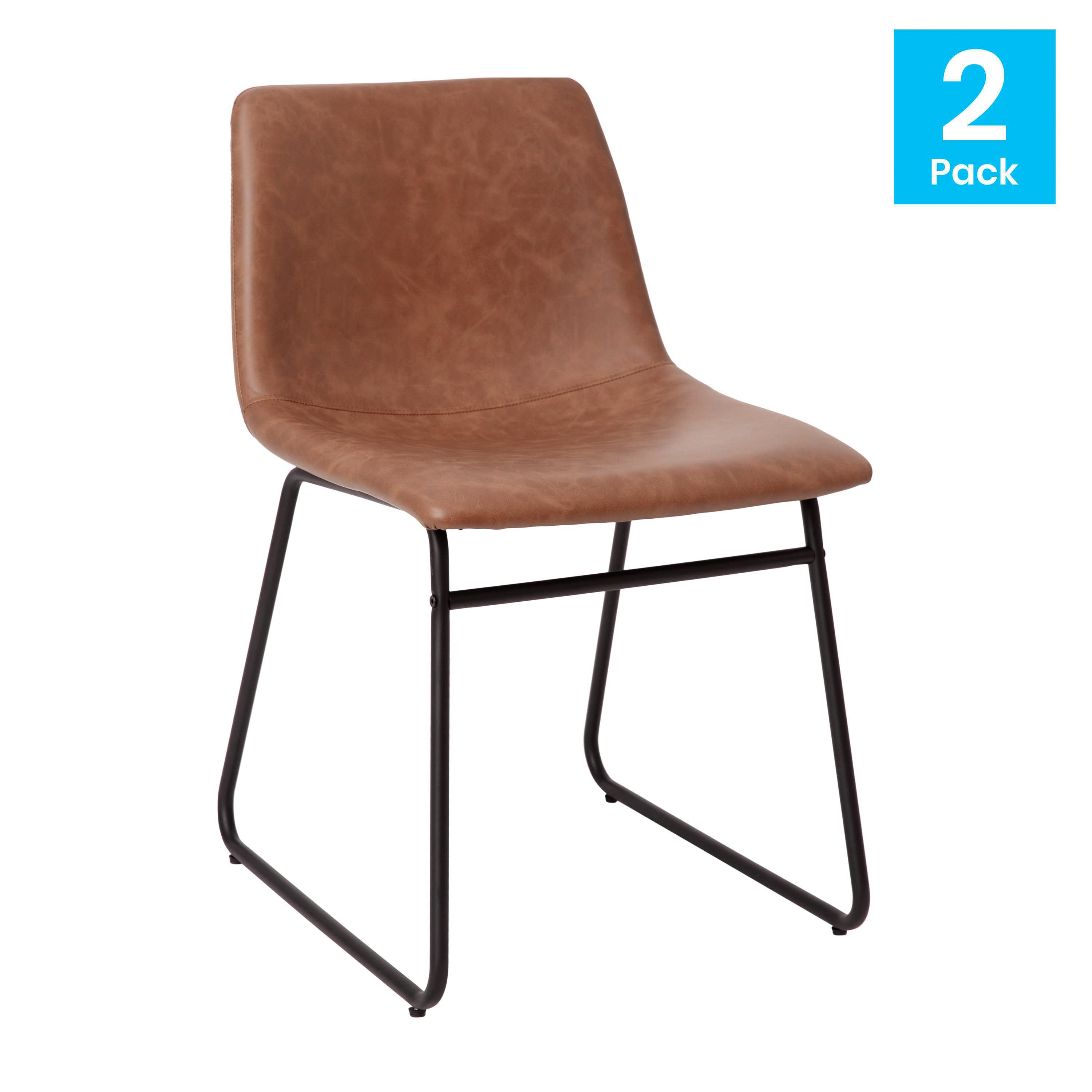 Butler 18 inch Dining Table Height Chair, Mid-Back Sled Base Dining Chair in Light Brown LeatherSoft with Black Frame, Set of 2