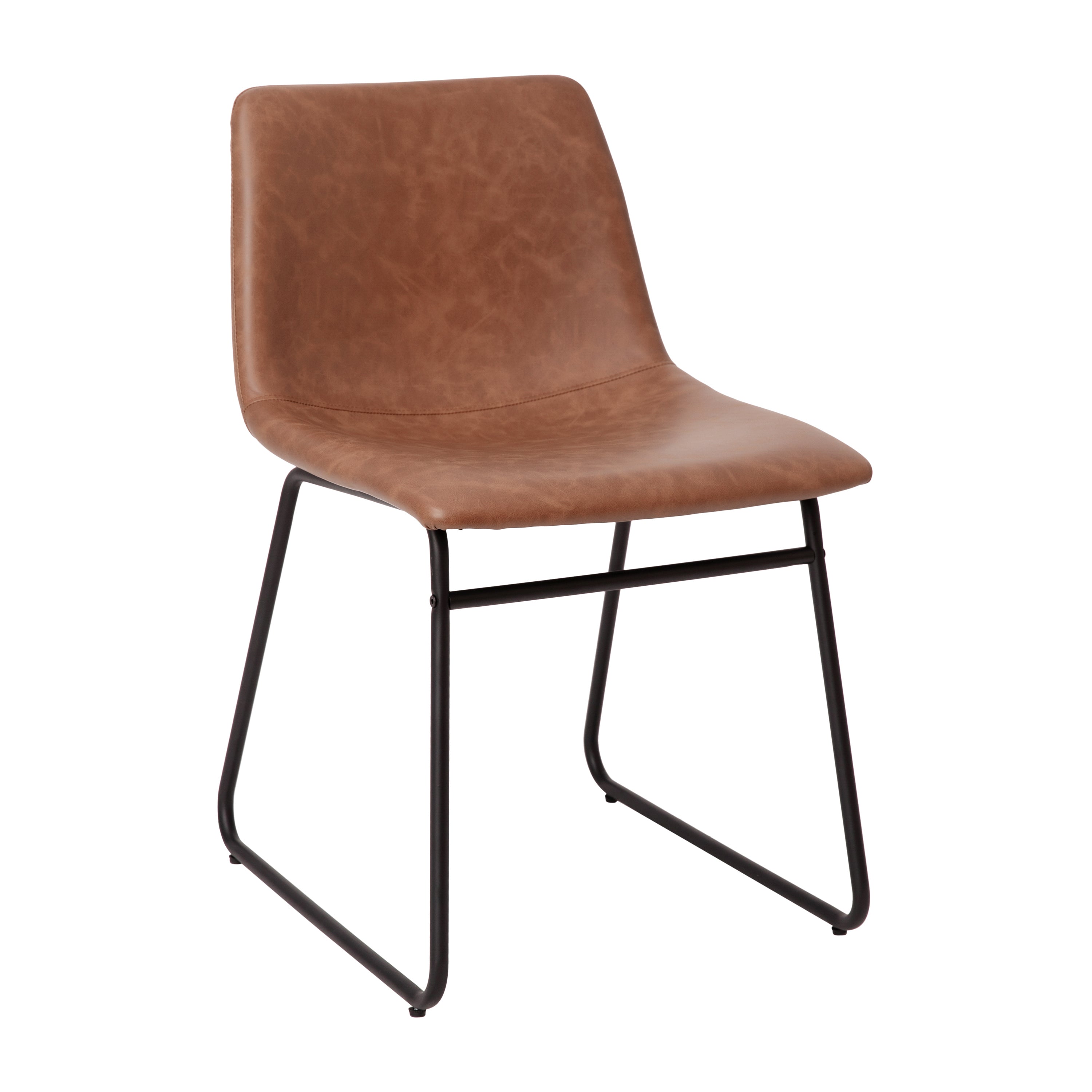 Butler 18 inch Dining Table Height Chair, Mid-Back Sled Base Dining Chair in Light Brown LeatherSoft with Black Frame, Set of 2