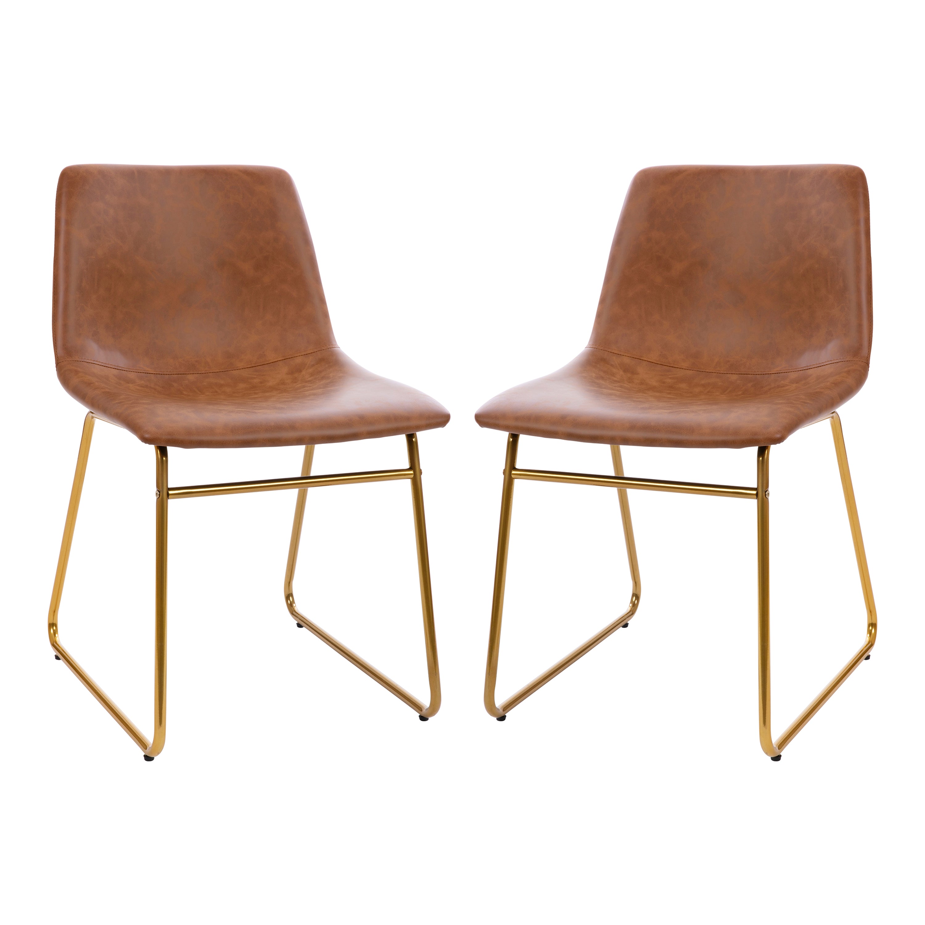 Butler 18 inch Dining Table Height Chair, Mid-Back Sled Base Dining Chair in Light Brown LeatherSoft with Gold Frame, Set of 2