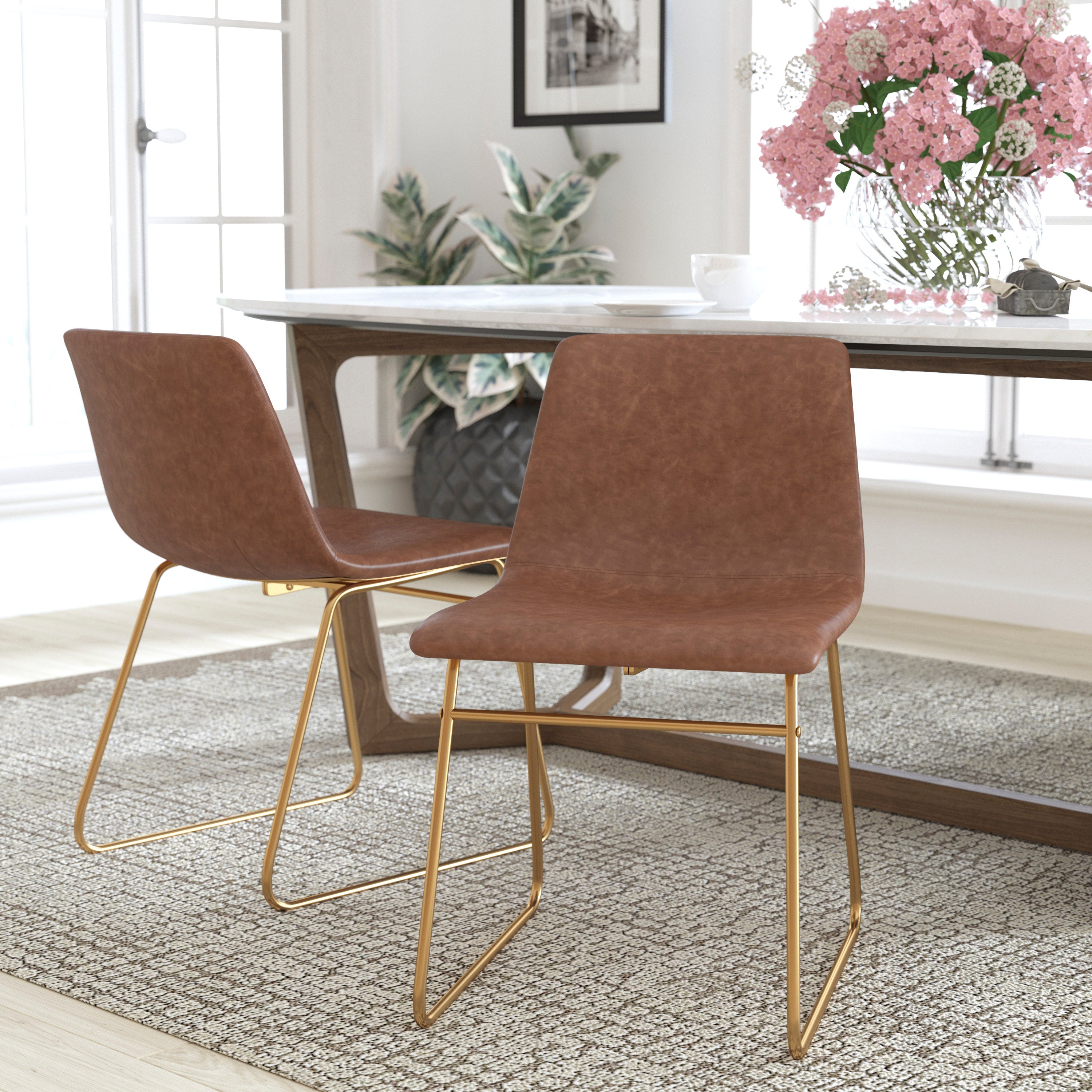 Butler 18 inch Dining Table Height Chair, Mid-Back Sled Base Dining Chair in Light Brown LeatherSoft with Gold Frame, Set of 2