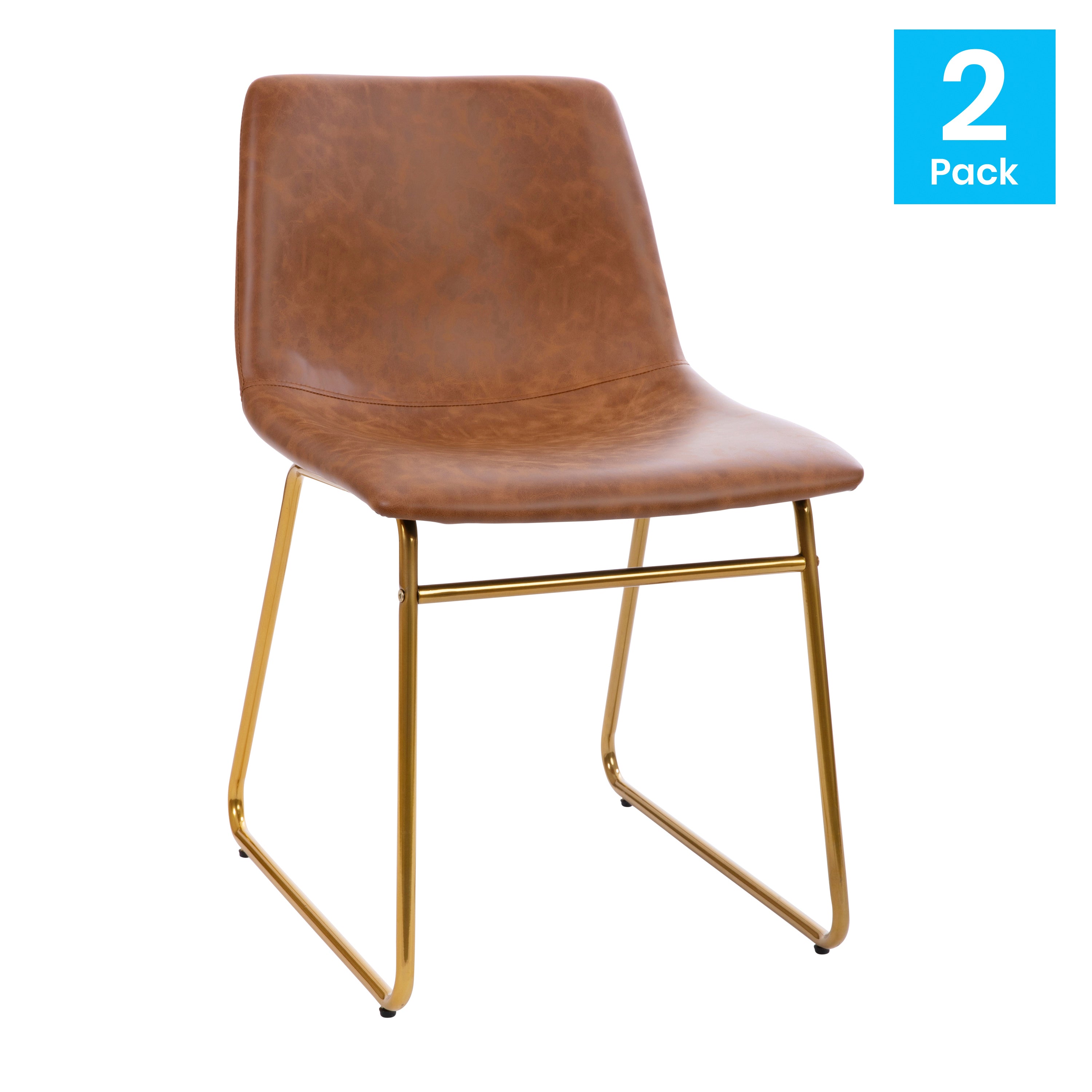 Butler 18 inch Dining Table Height Chair, Mid-Back Sled Base Dining Chair in Light Brown LeatherSoft with Gold Frame, Set of 2