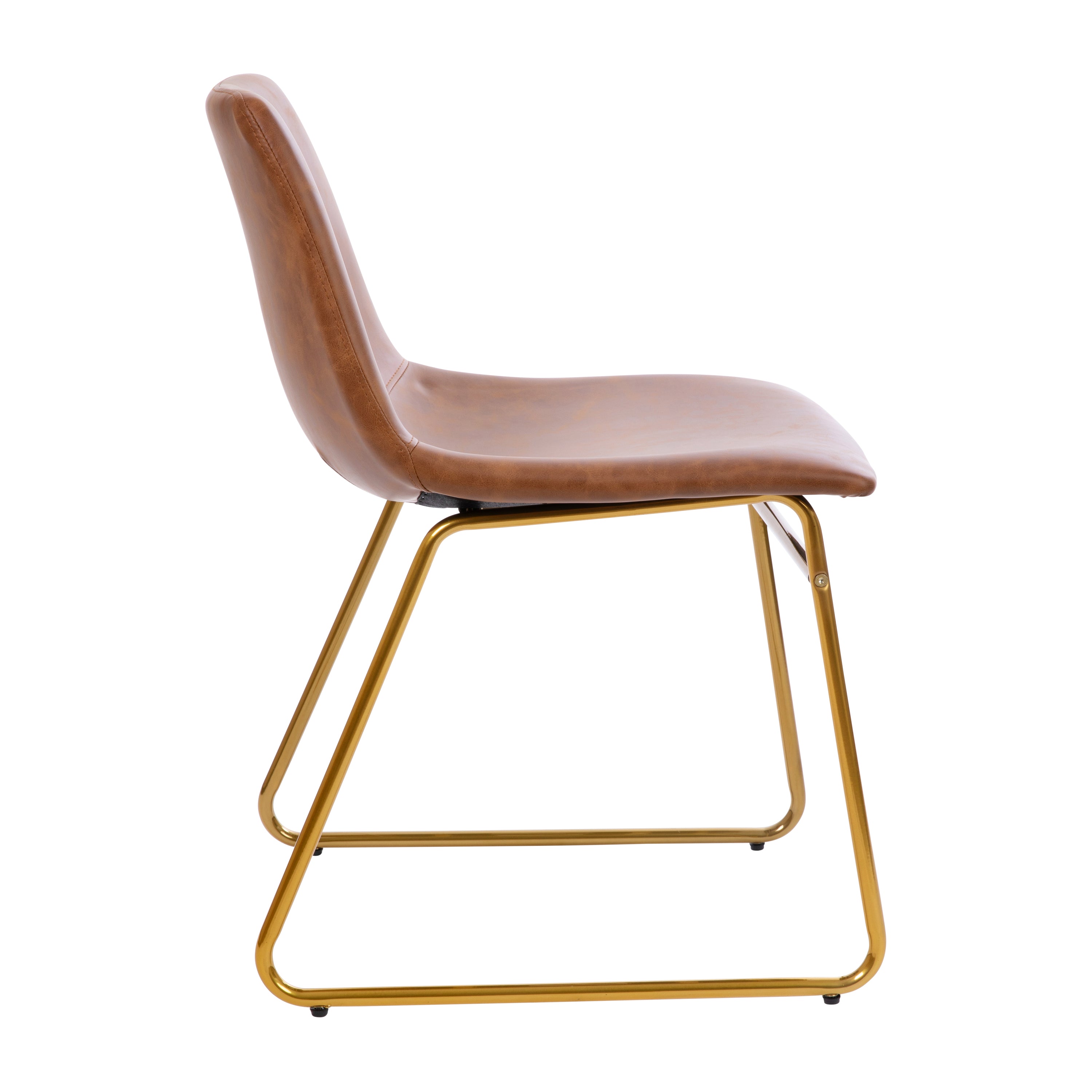 Butler 18 inch Dining Table Height Chair, Mid-Back Sled Base Dining Chair in Light Brown LeatherSoft with Gold Frame, Set of 2