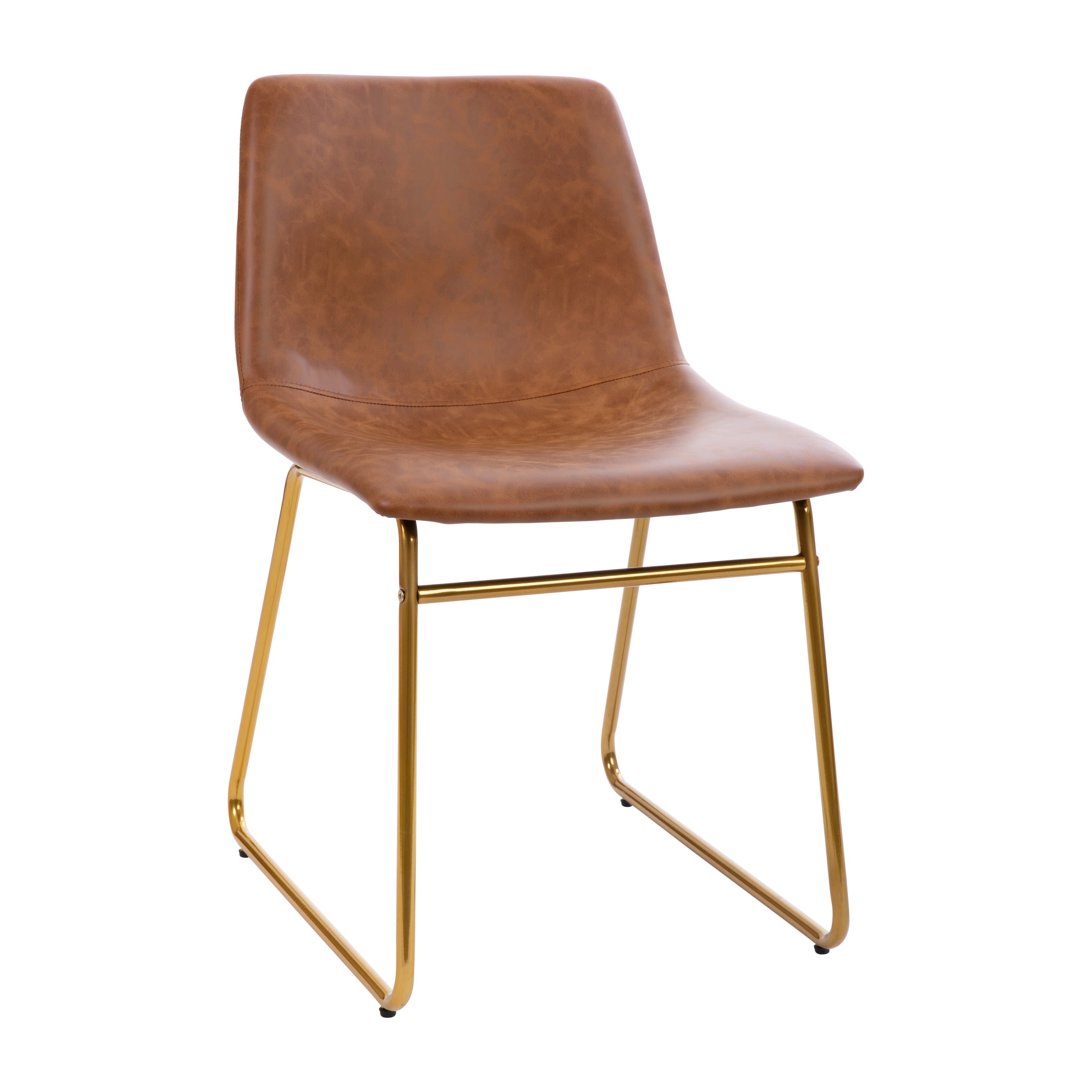 Butler 18 inch Dining Table Height Chair, Mid-Back Sled Base Dining Chair in Light Brown LeatherSoft with Gold Frame, Set of 2