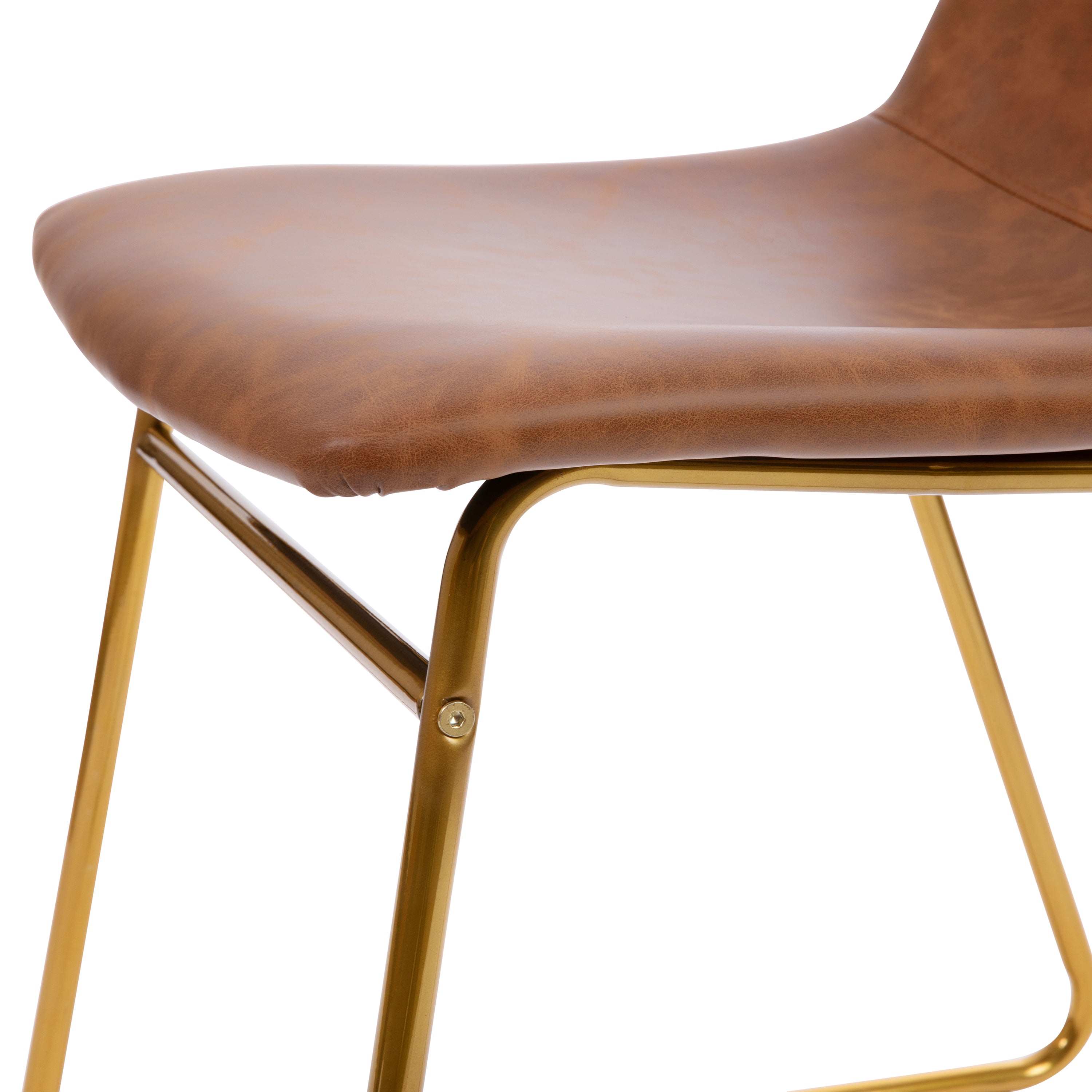 Butler 18 inch Dining Table Height Chair, Mid-Back Sled Base Dining Chair in Light Brown LeatherSoft with Gold Frame, Set of 2