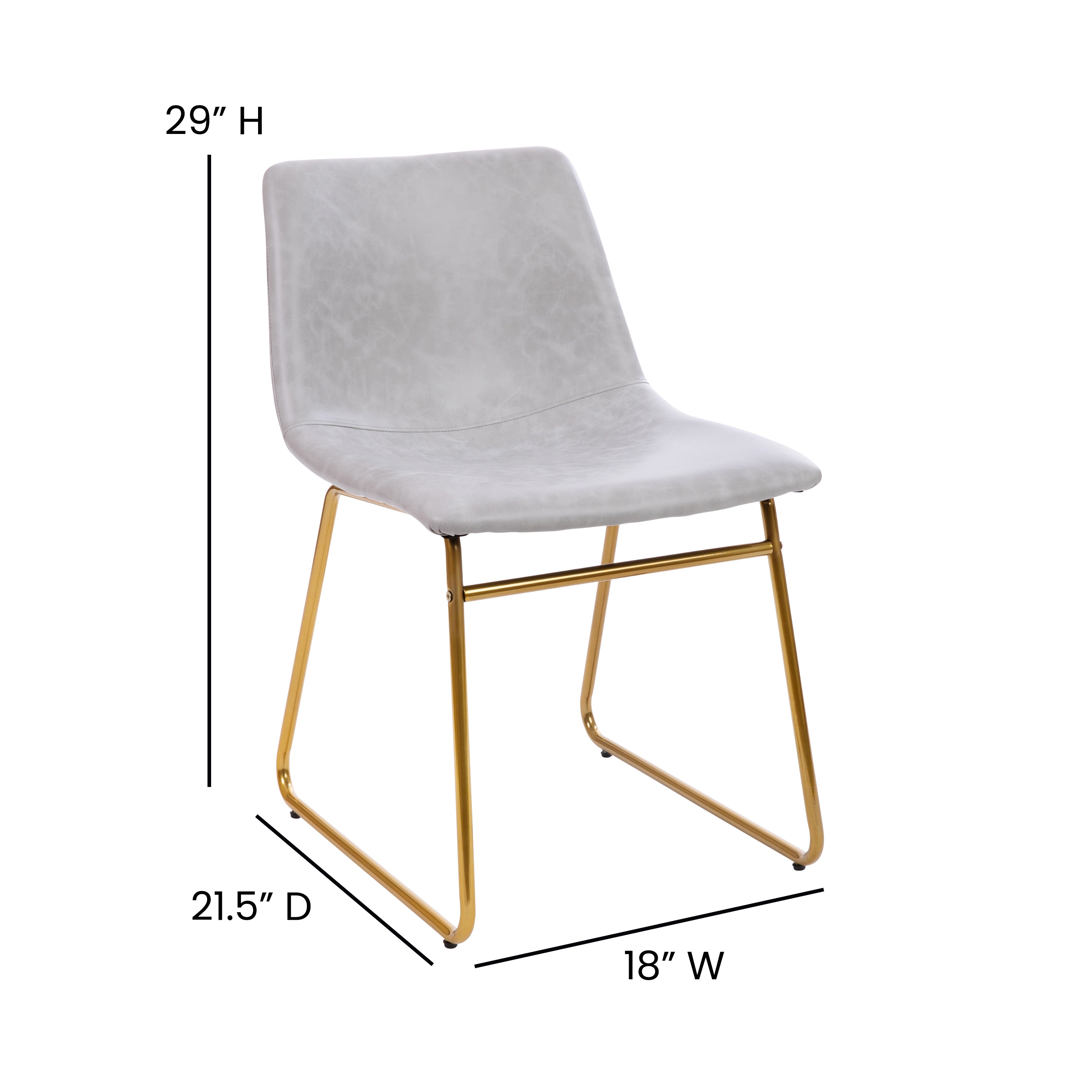 Butler 18 inch Dining Table Height Chair, Mid-Back Sled Base Dining Chair in Light Gray LeatherSoft with Gold Frame, Set of 2