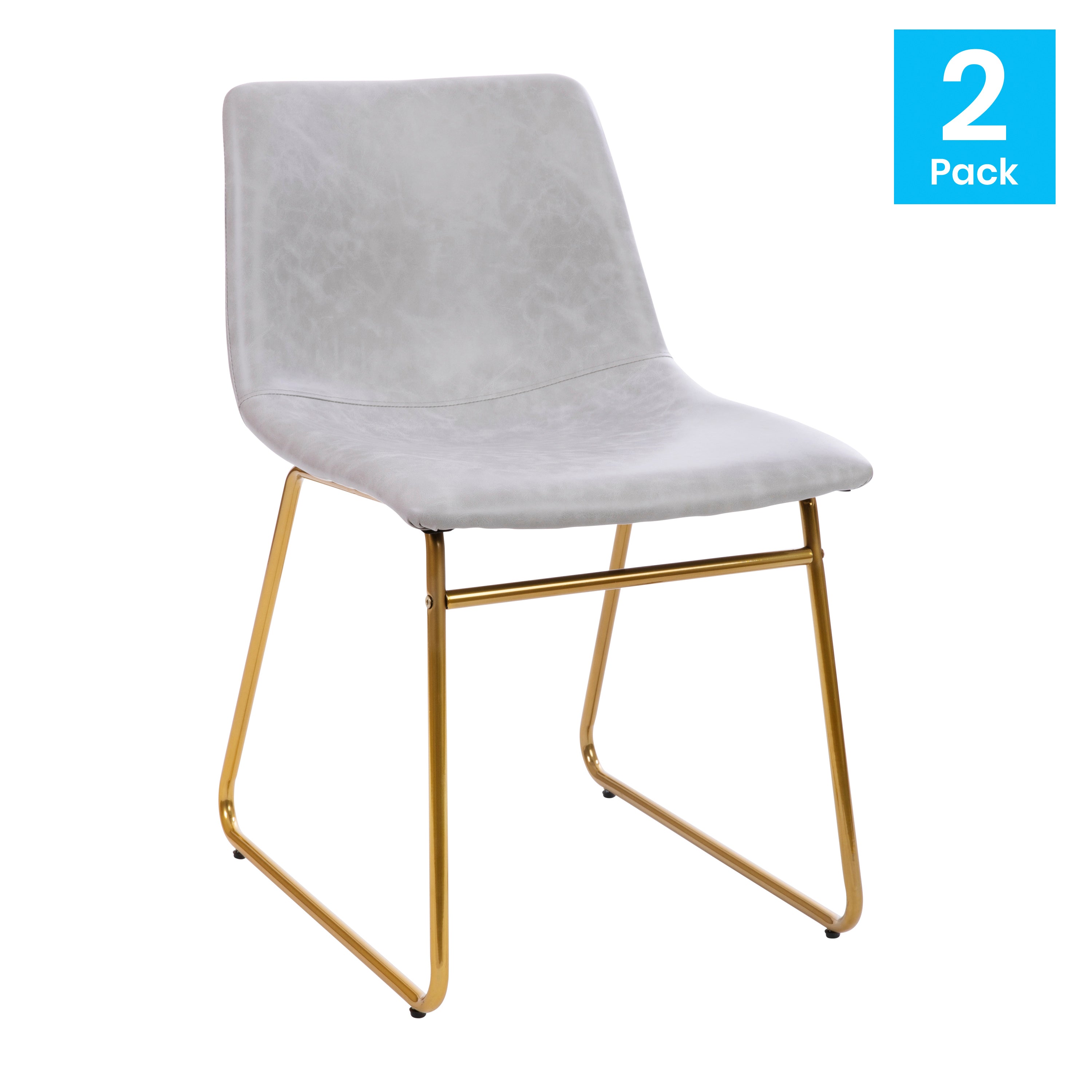 Butler 18 inch Dining Table Height Chair, Mid-Back Sled Base Dining Chair in Light Gray LeatherSoft with Gold Frame, Set of 2