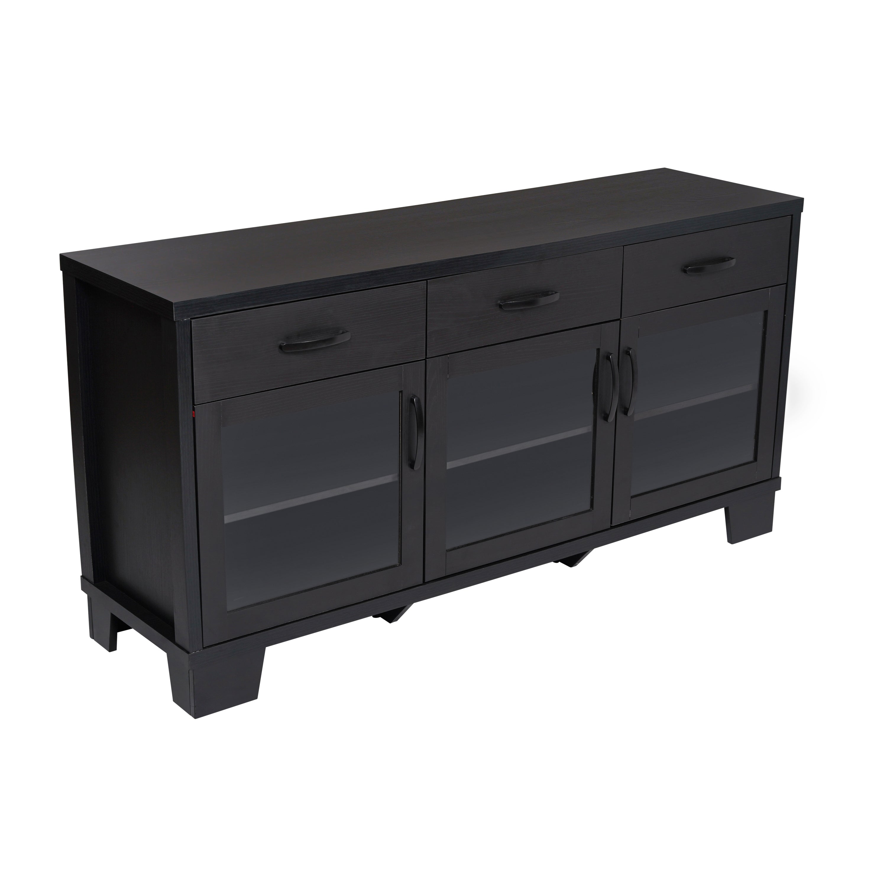 Wells Black 59 Inch Modern Kitchen and Dining Room Buffet Sideboard Storage Cabinet, Engineered Wood with 3 Tempered Glass Doors and 3 Drawers