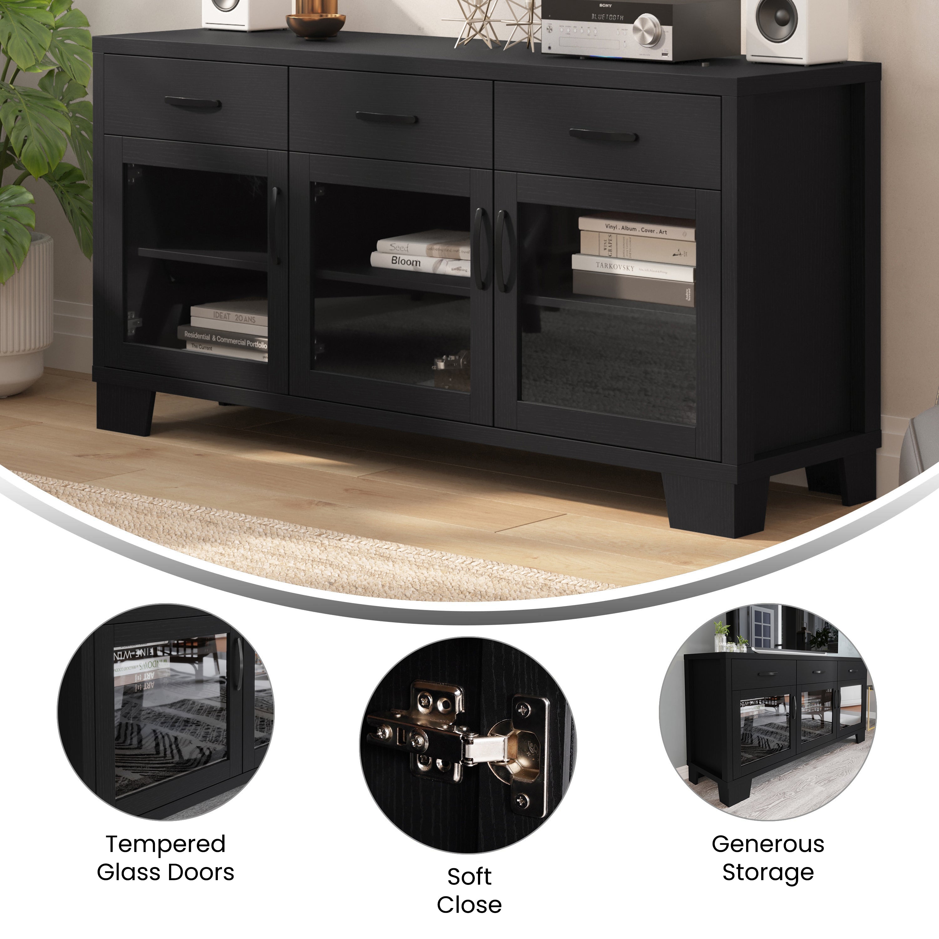 Wells Black 59 Inch Modern Kitchen and Dining Room Buffet Sideboard Storage Cabinet, Engineered Wood with 3 Tempered Glass Doors and 3 Drawers