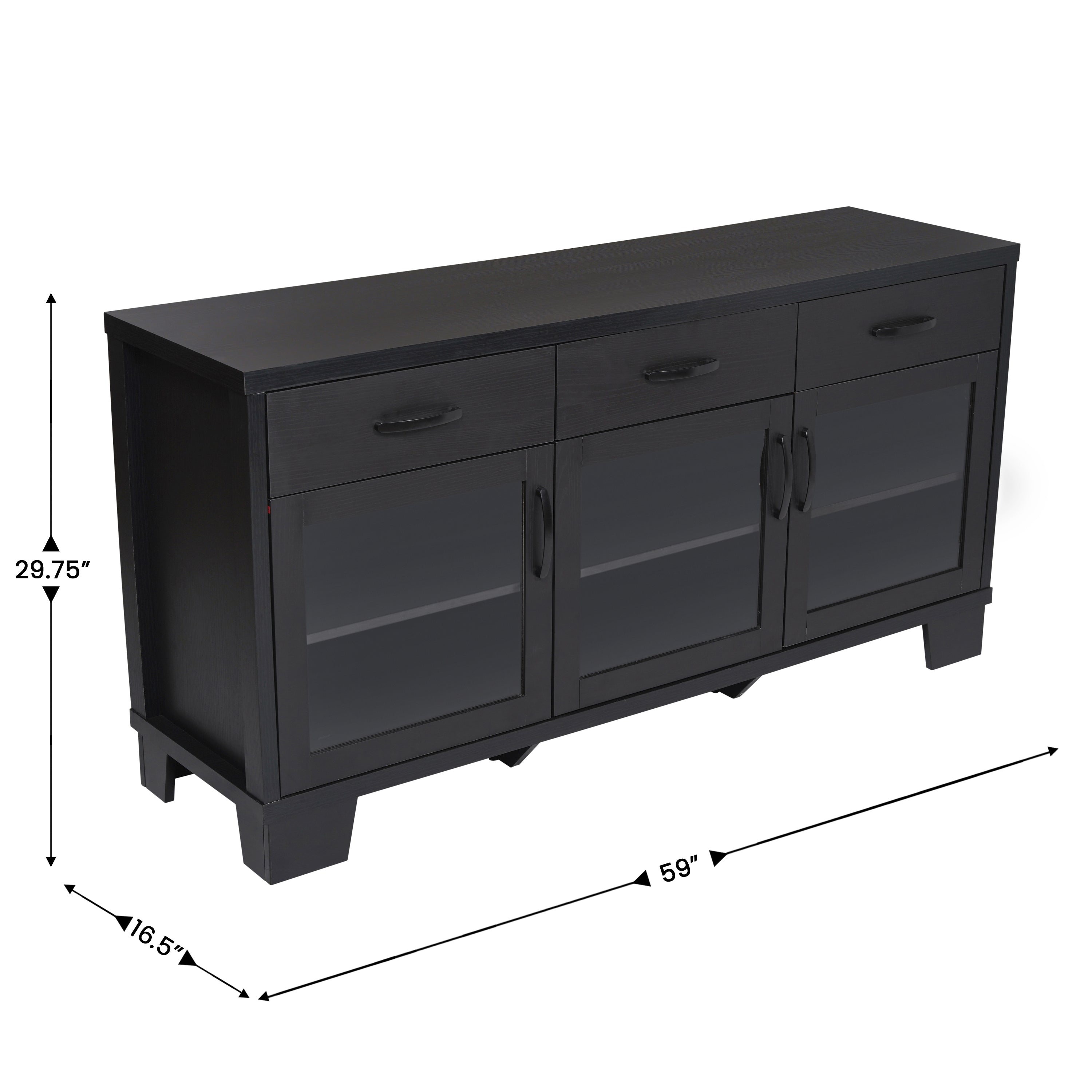 Wells Black 59 Inch Modern Kitchen and Dining Room Buffet Sideboard Storage Cabinet, Engineered Wood with 3 Tempered Glass Doors and 3 Drawers