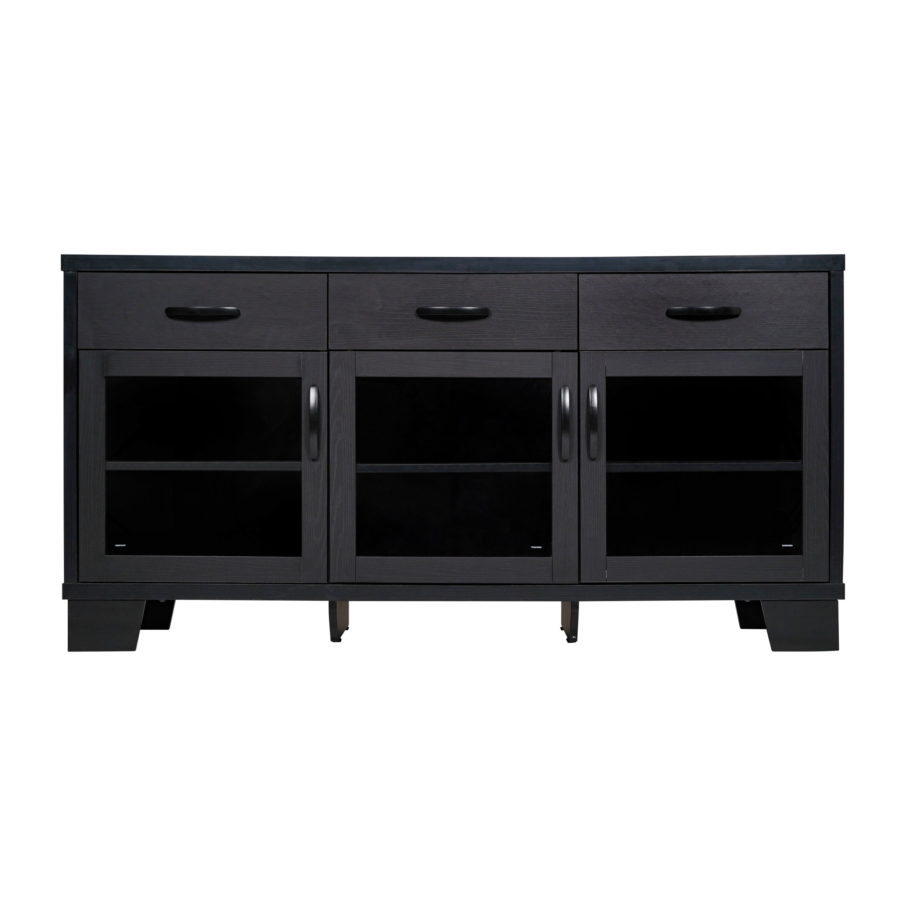 Wells Black 59 Inch Modern Kitchen and Dining Room Buffet Sideboard Storage Cabinet, Engineered Wood with 3 Tempered Glass Doors and 3 Drawers