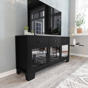 Wells Black 59 Inch Modern Kitchen and Dining Room Buffet Sideboard Storage Cabinet, Engineered Wood with 3 Tempered Glass Doors and 3 Drawers