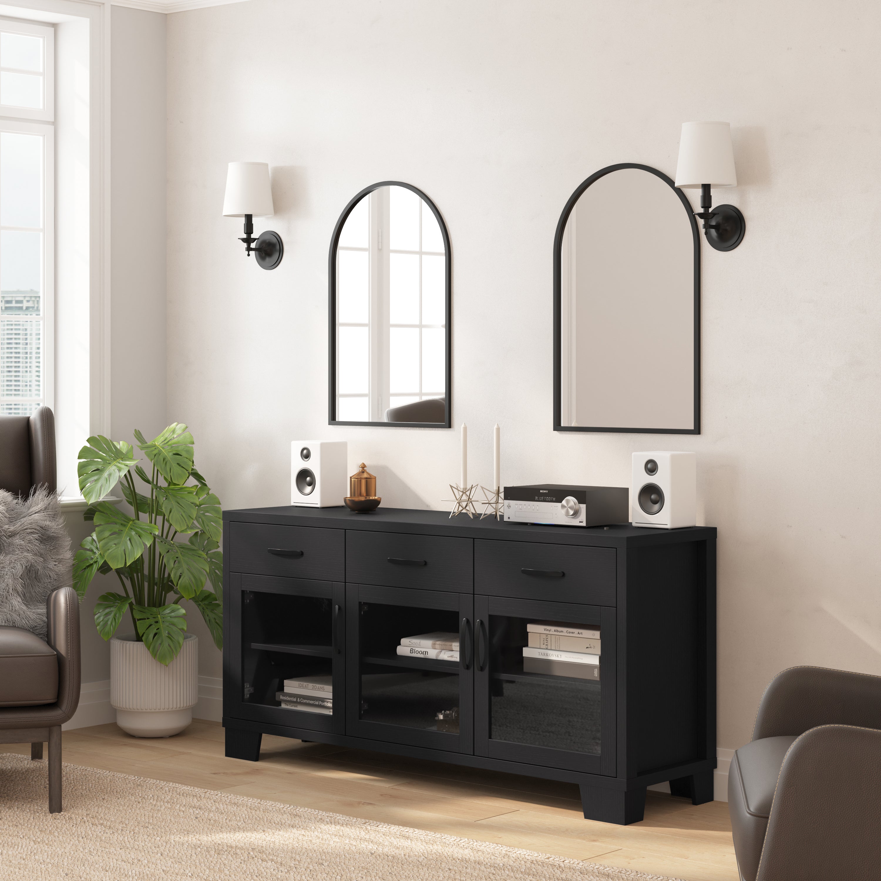 Wells Black 59 Inch Modern Kitchen and Dining Room Buffet Sideboard Storage Cabinet, Engineered Wood with 3 Tempered Glass Doors and 3 Drawers