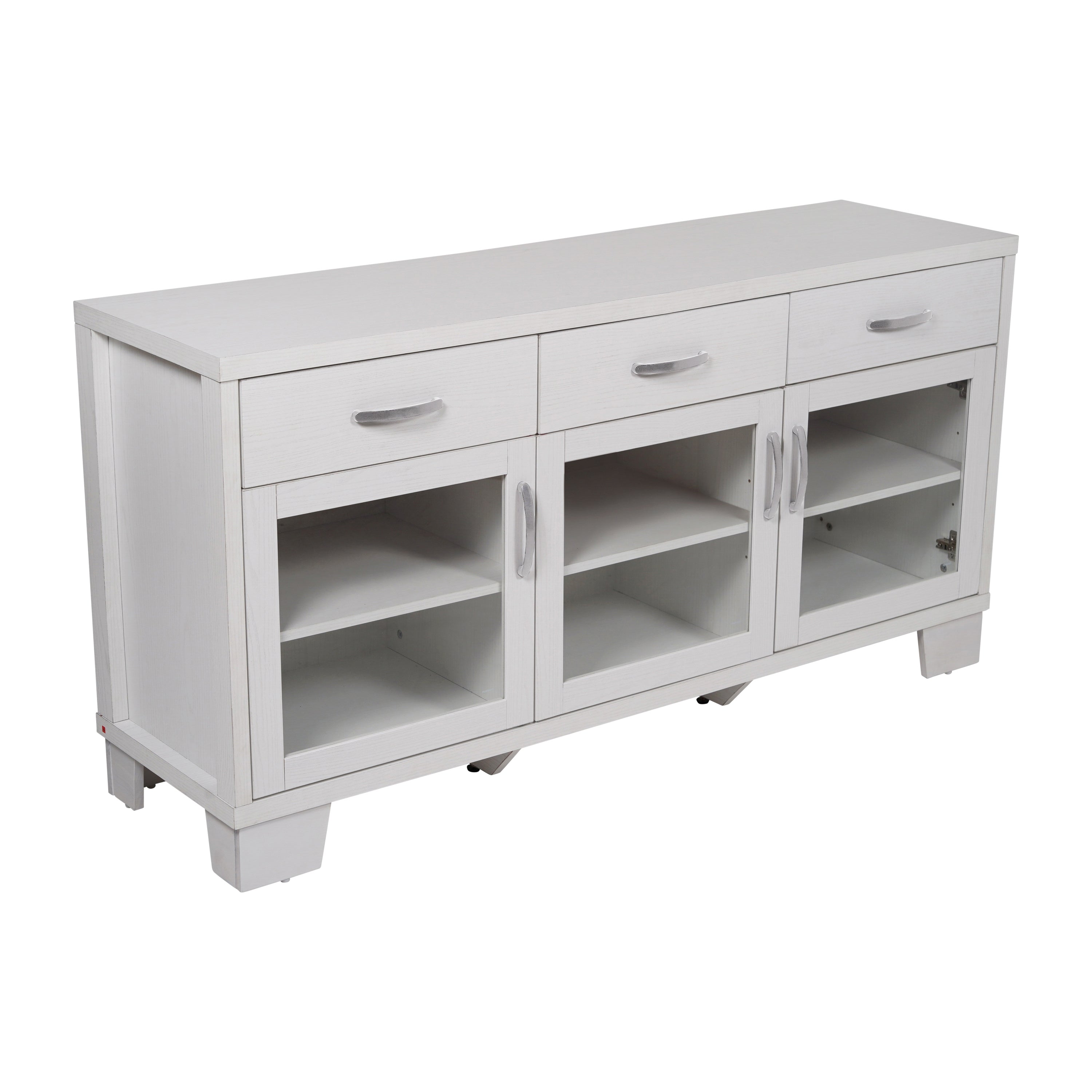 Wells White 59 Inch Modern Kitchen and Dining Room Buffet Sideboard Storage Cabinet, Engineered Wood with 3 Tempered Glass Doors and 3 Drawers