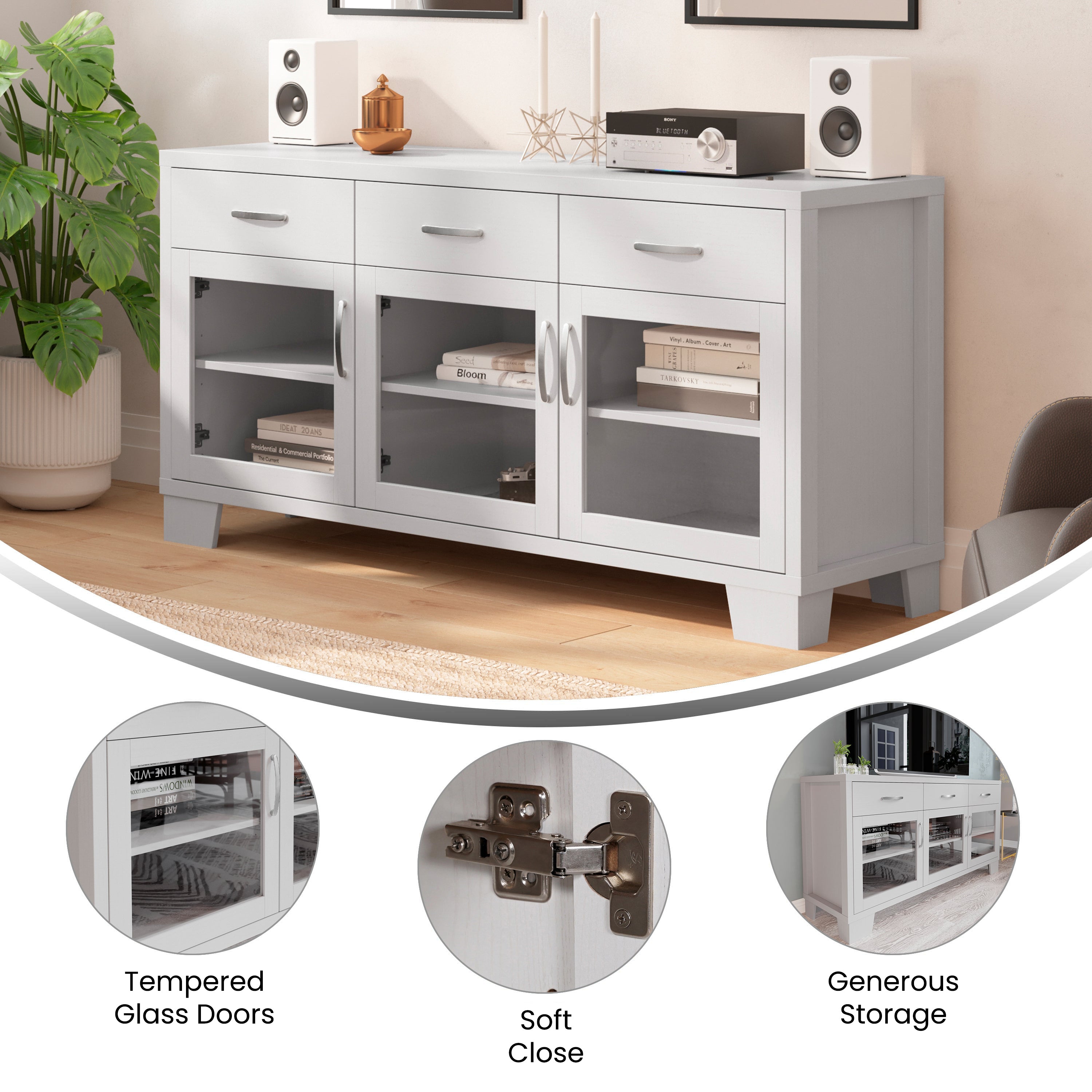 Wells White 59 Inch Modern Kitchen and Dining Room Buffet Sideboard Storage Cabinet, Engineered Wood with 3 Tempered Glass Doors and 3 Drawers
