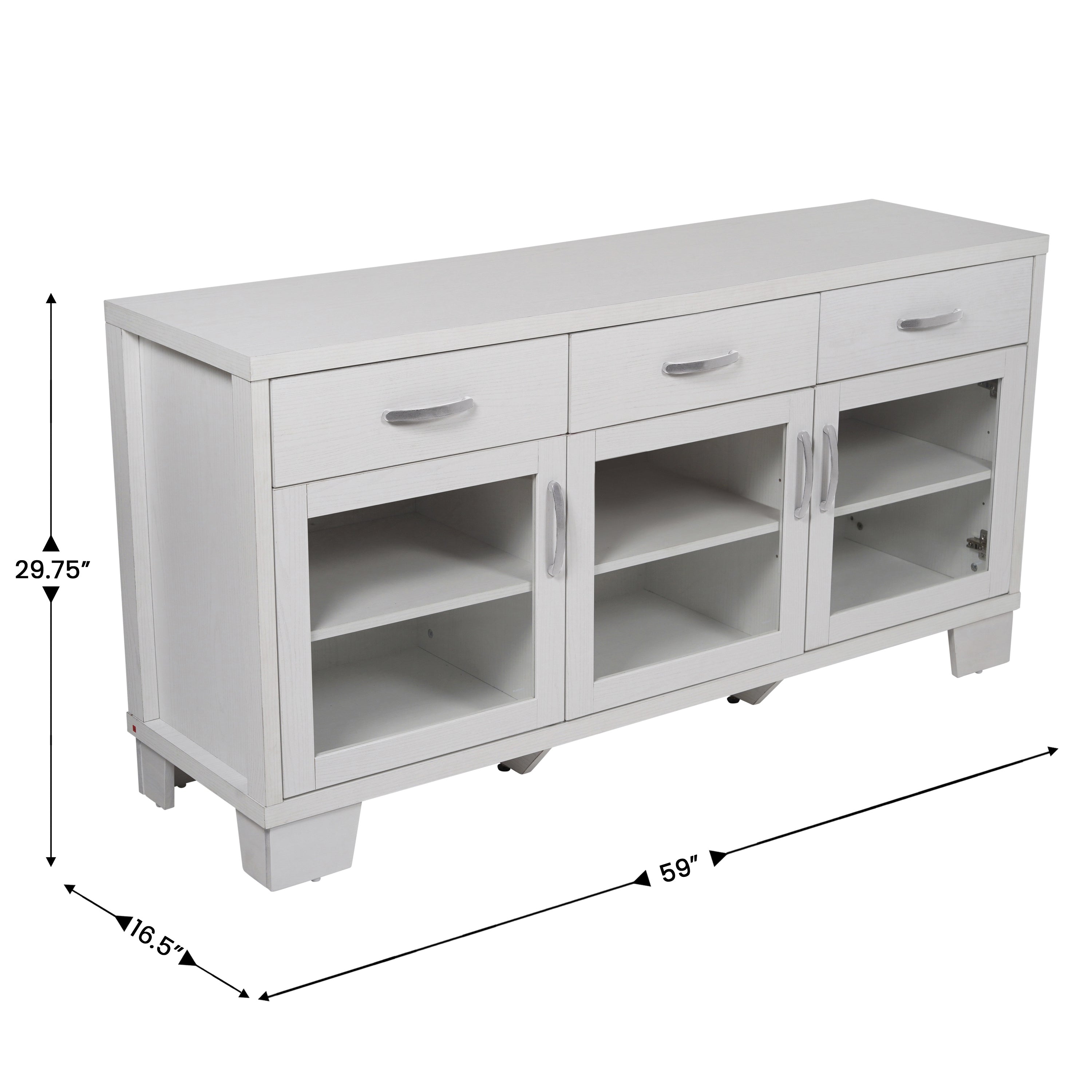 Wells White 59 Inch Modern Kitchen and Dining Room Buffet Sideboard Storage Cabinet, Engineered Wood with 3 Tempered Glass Doors and 3 Drawers