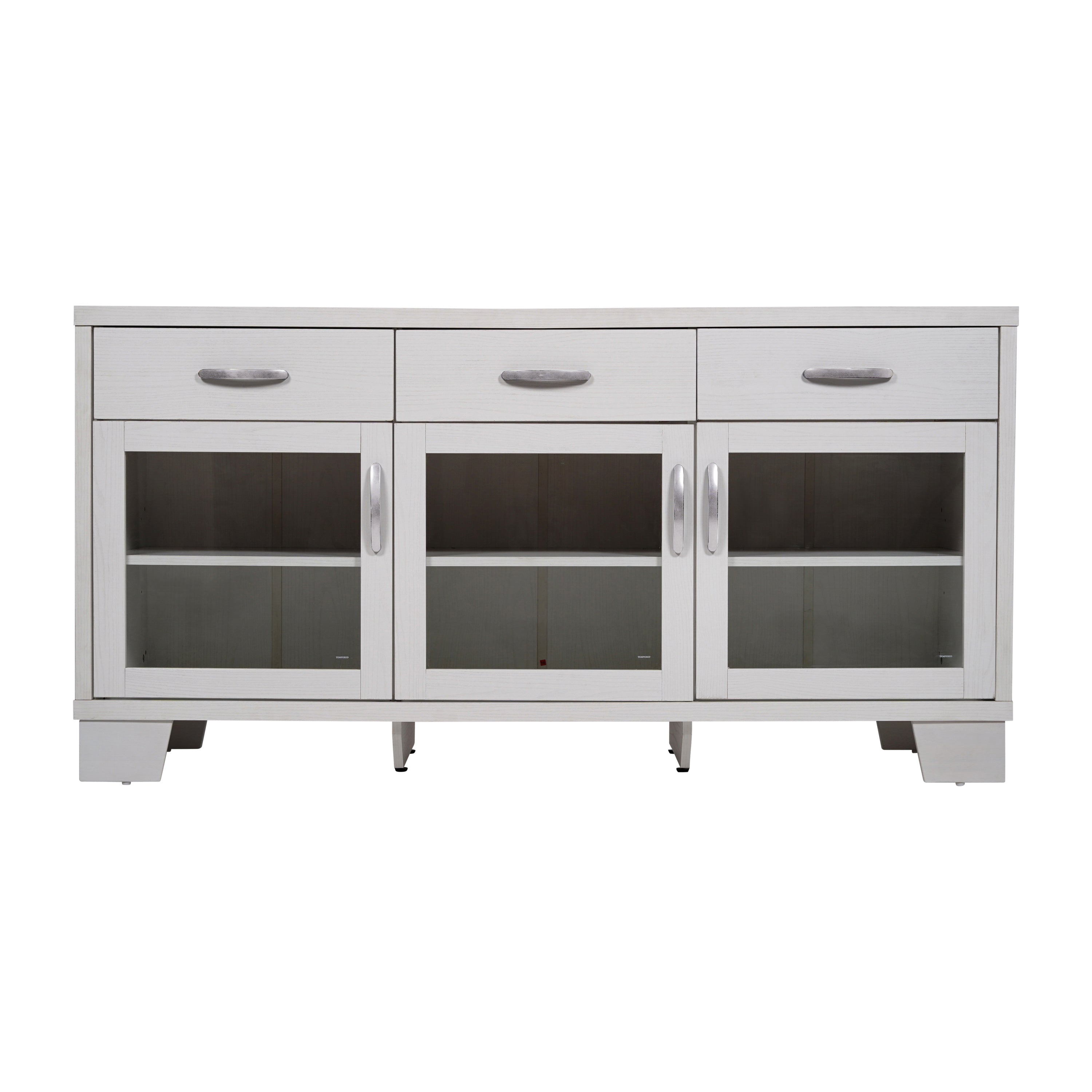 Wells White 59 Inch Modern Kitchen and Dining Room Buffet Sideboard Storage Cabinet, Engineered Wood with 3 Tempered Glass Doors and 3 Drawers