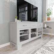 Wells White 59 Inch Modern Kitchen and Dining Room Buffet Sideboard Storage Cabinet, Engineered Wood with 3 Tempered Glass Doors and 3 Drawers