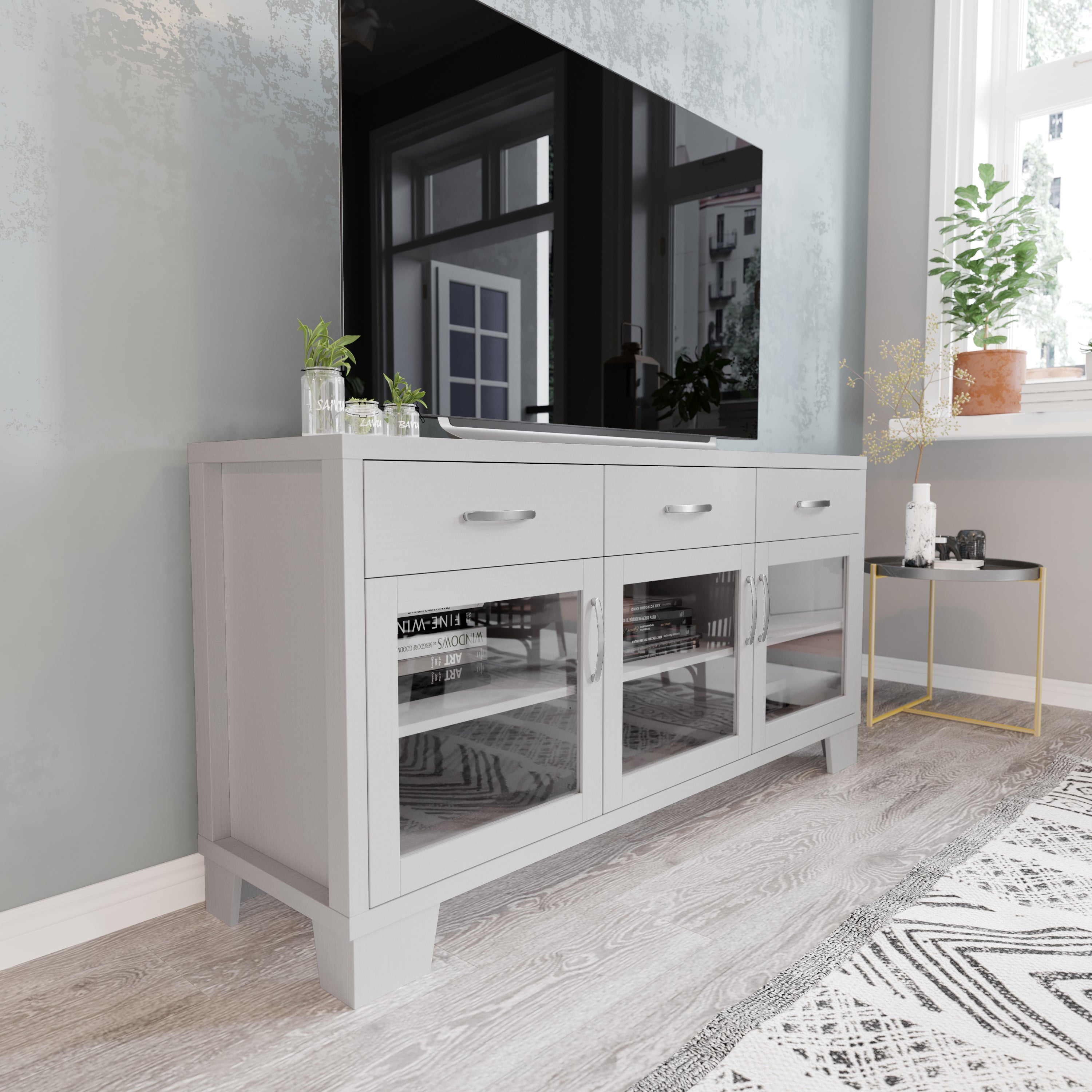 Wells White 59 Inch Modern Kitchen and Dining Room Buffet Sideboard Storage Cabinet, Engineered Wood with 3 Tempered Glass Doors and 3 Drawers