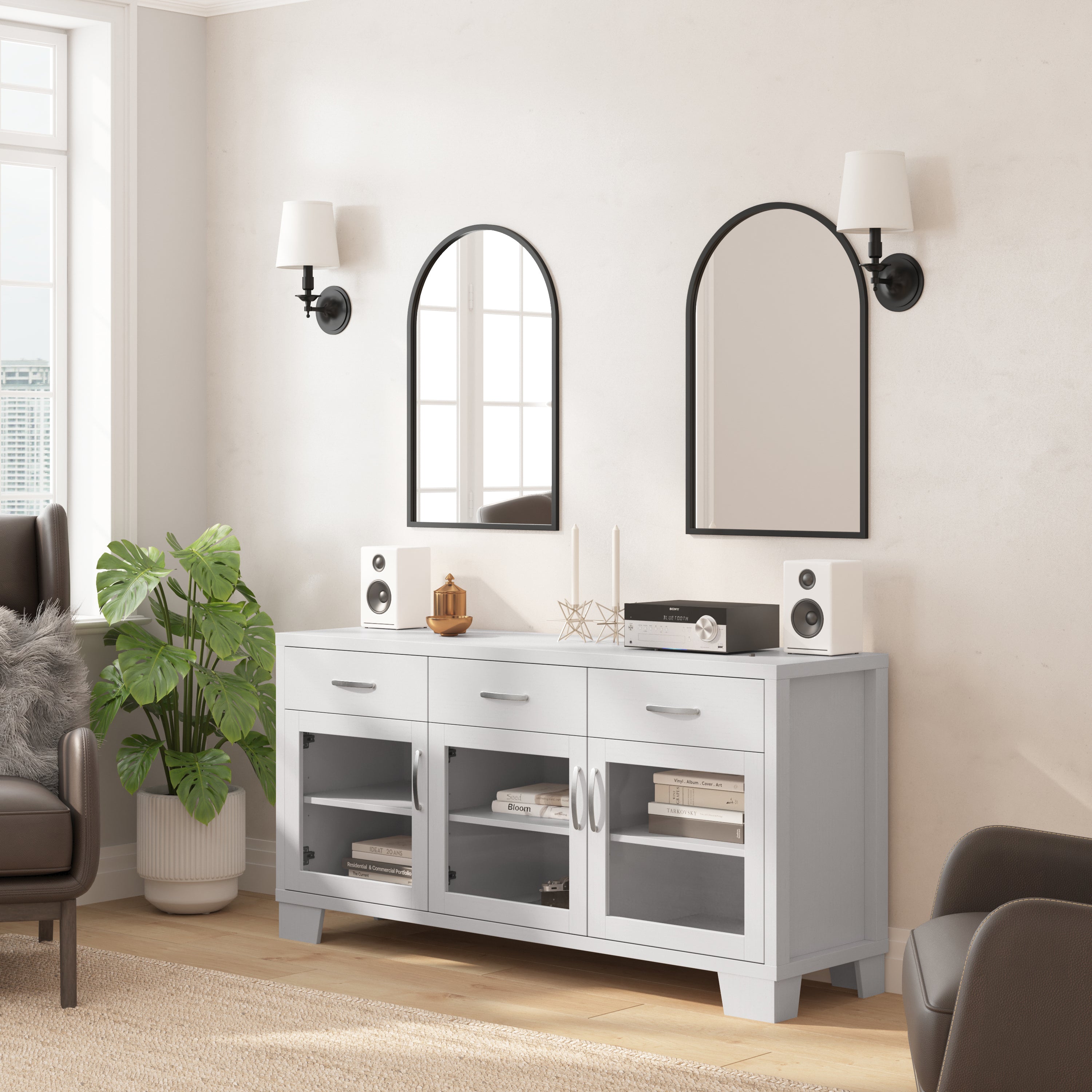 Wells White 59 Inch Modern Kitchen and Dining Room Buffet Sideboard Storage Cabinet, Engineered Wood with 3 Tempered Glass Doors and 3 Drawers