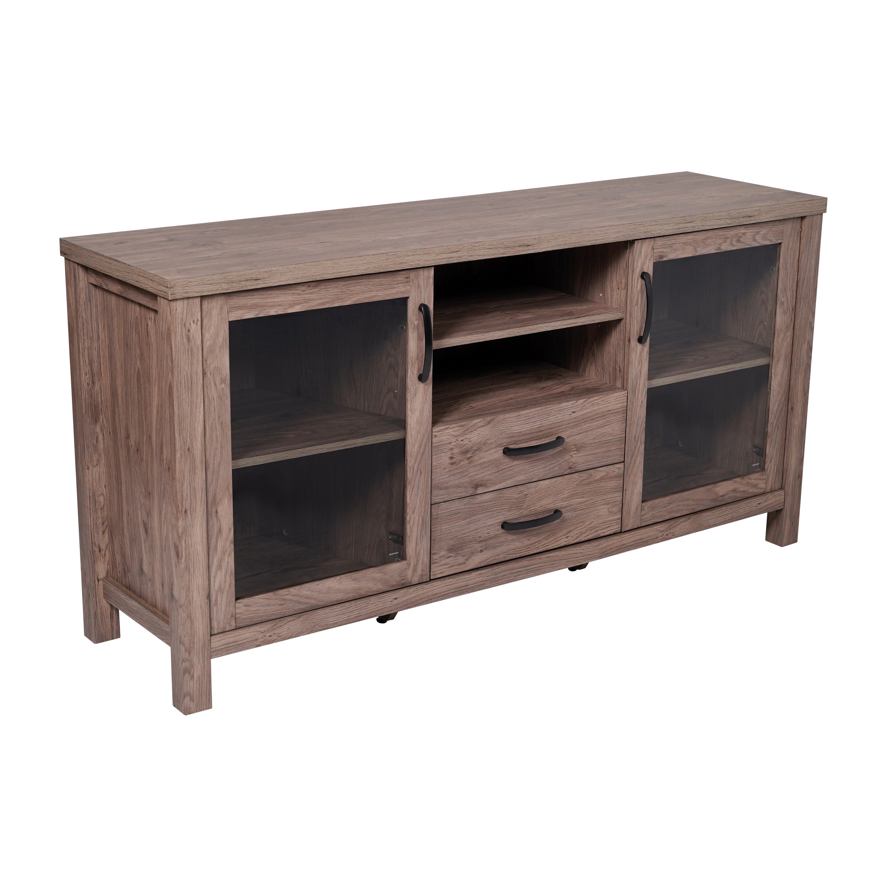 Dion Brown 59 Inch Modern Kitchen and Dining Room Buffet Sideboard Storage Cabinet, Engineered Wood with 2 Tempered Glass Doors, 2 Drawers, Open Shelf